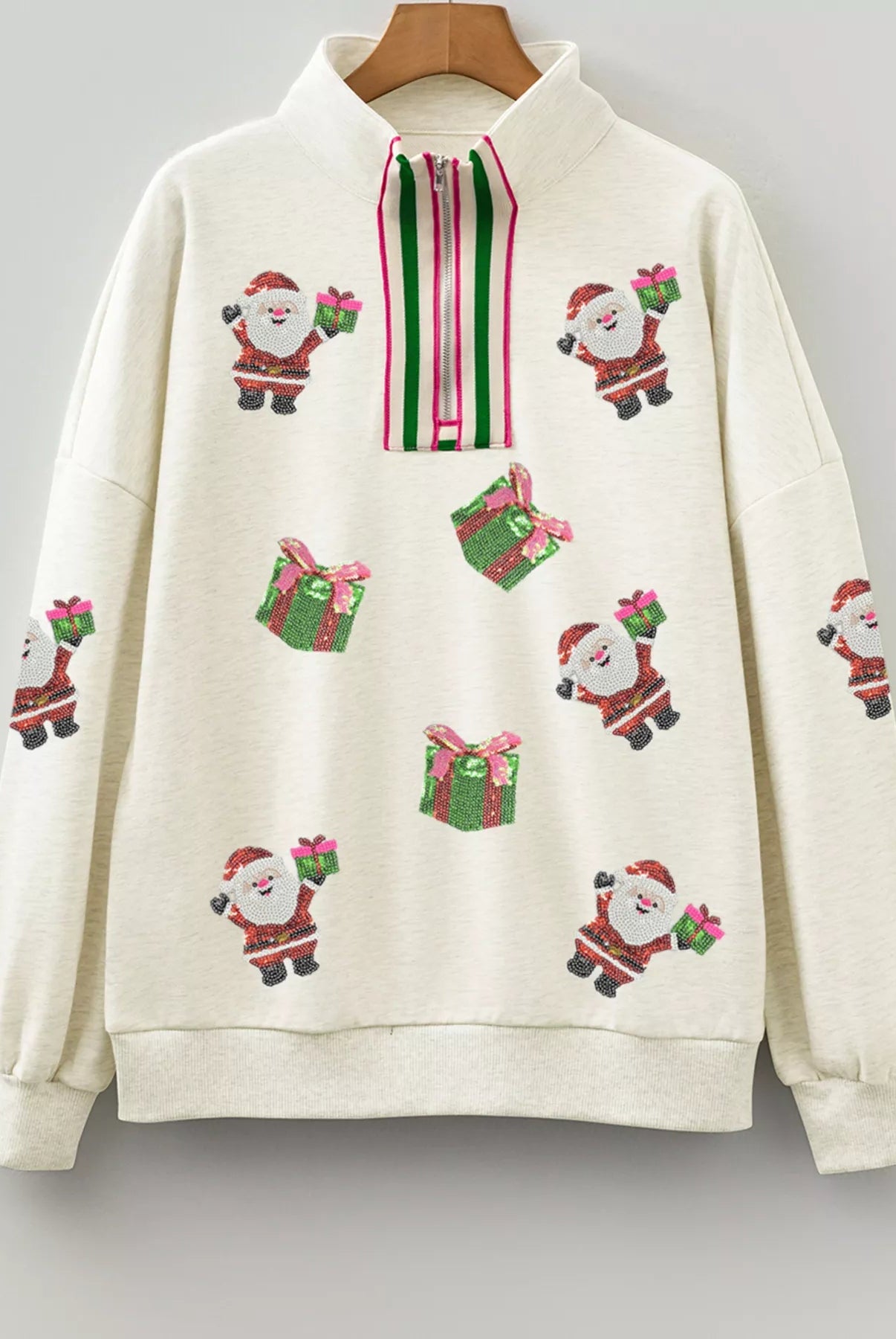Christmas Striped Patchwork Zip Neck Sequin Santa Gift Sweatshirt - Deadwood South Boutique & Company LLC