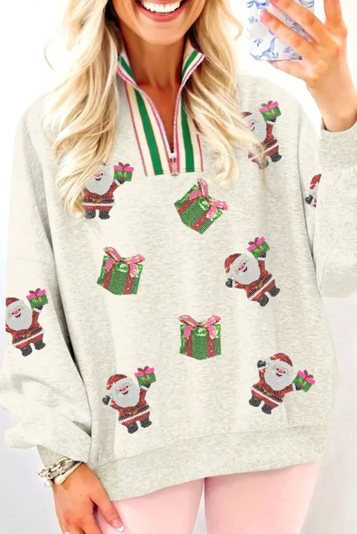 Christmas Striped Patchwork Zip Neck Sequin Santa Gift Sweatshirt - Deadwood South Boutique & Company LLC