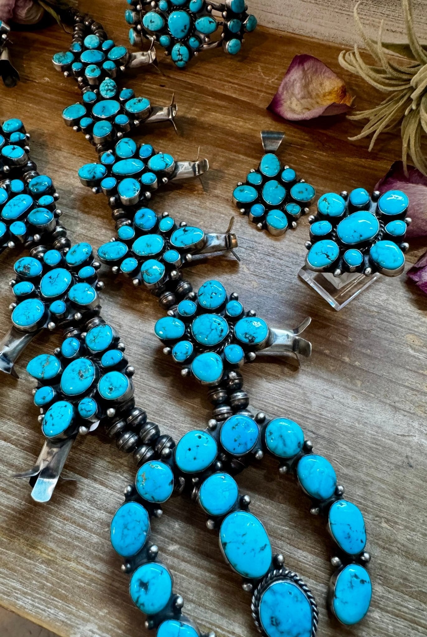 Complete Squash Blossom Set – Kingman Turquoise – Sterling Silver – Navajo Made by Wilson Dawes - Deadwood South Boutique & Company LLC