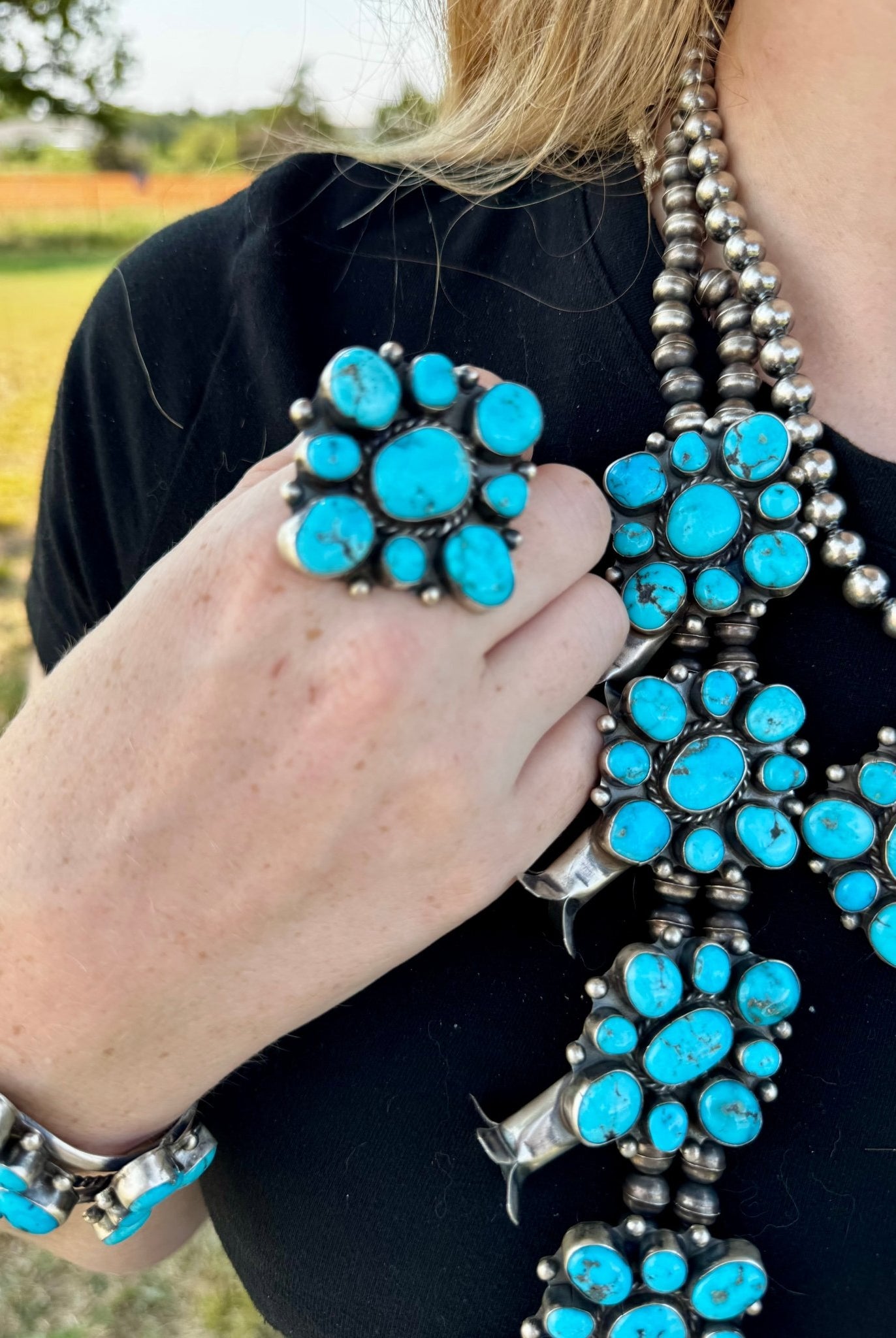 Complete Squash Blossom Set – Kingman Turquoise – Sterling Silver – Navajo Made by Wilson Dawes - Deadwood South Boutique & Company LLC
