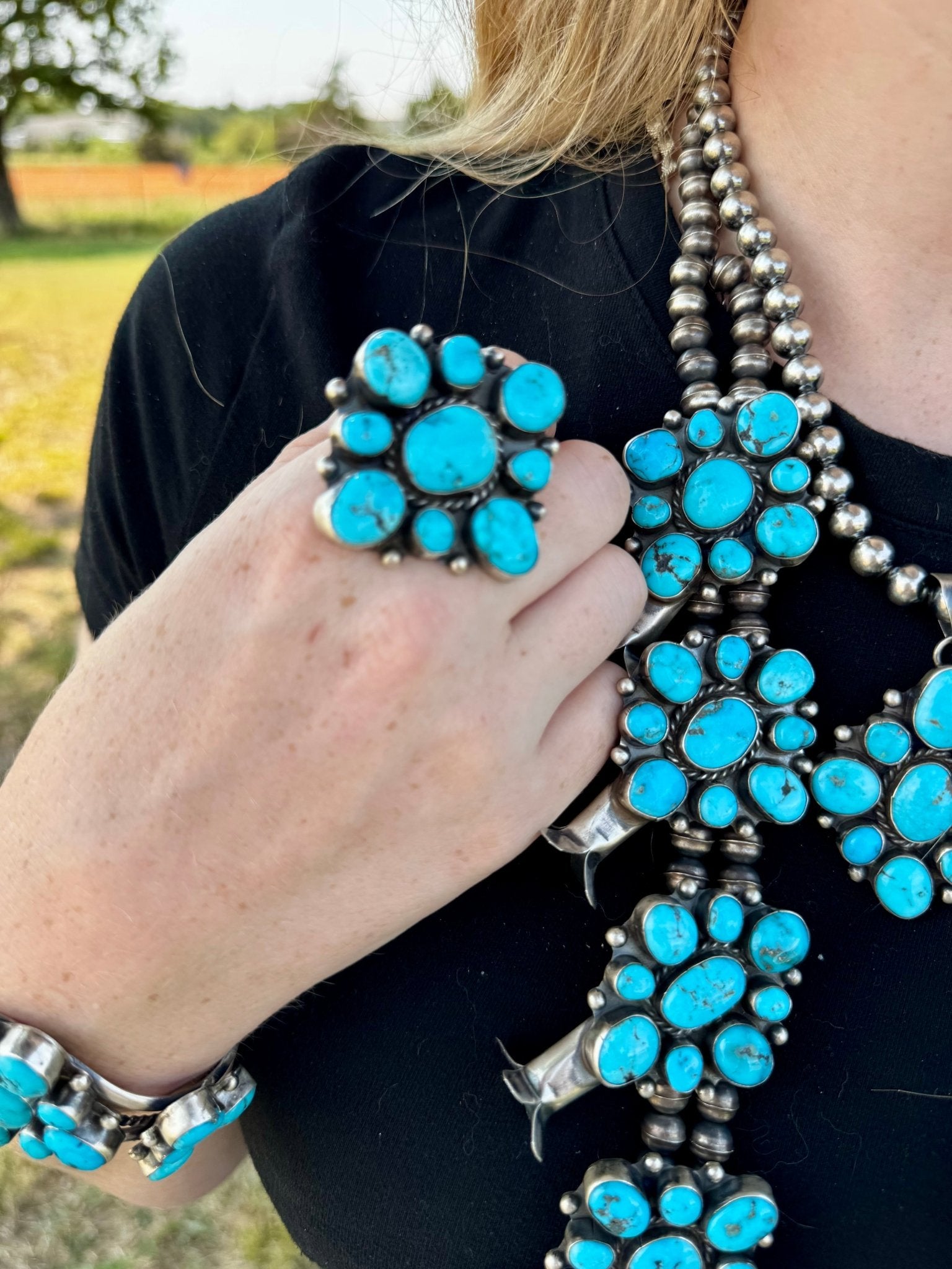 Complete Squash Blossom Set – Kingman Turquoise – Sterling Silver – Navajo Made by Wilson Dawes - Deadwood South Boutique & Company LLC