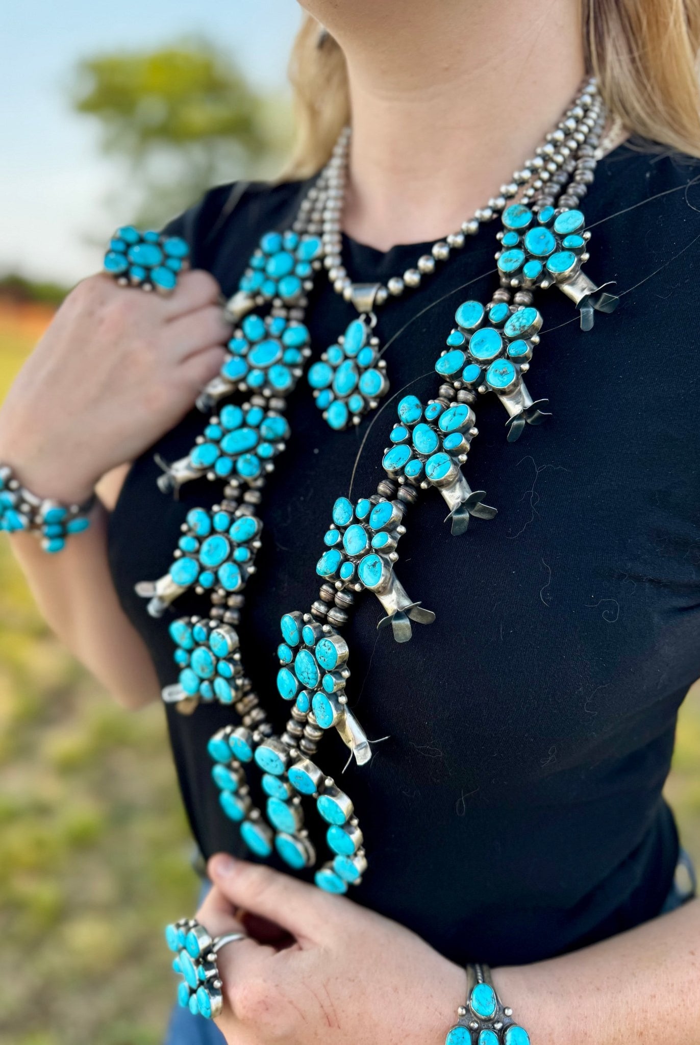 Complete Squash Blossom Set – Kingman Turquoise – Sterling Silver – Navajo Made by Wilson Dawes - Deadwood South Boutique & Company LLC