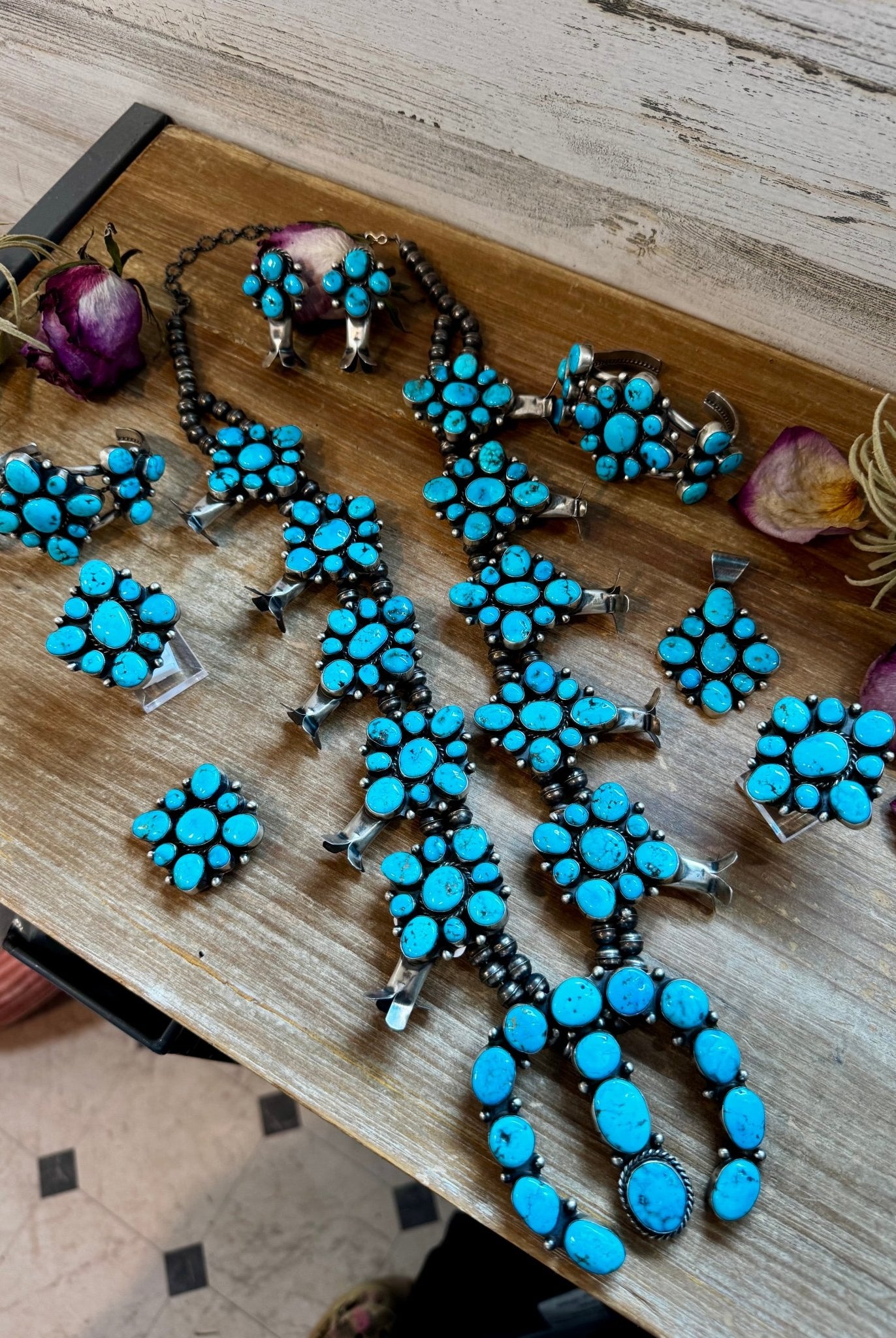 Complete Squash Blossom Set – Kingman Turquoise – Sterling Silver – Navajo Made by Wilson Dawes - Deadwood South Boutique & Company LLC