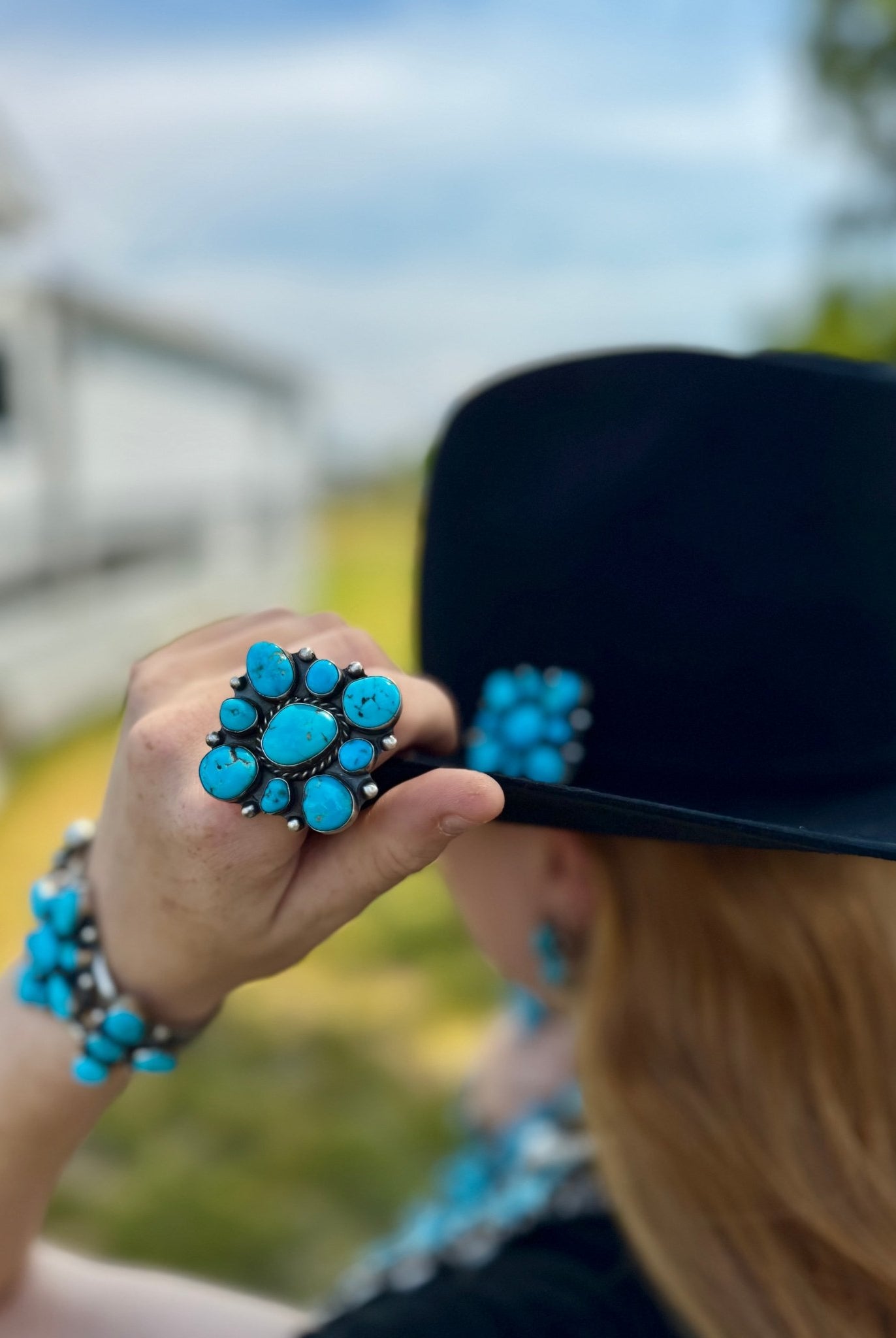 Complete Squash Blossom Set – Kingman Turquoise – Sterling Silver – Navajo Made by Wilson Dawes - Deadwood South Boutique & Company LLC