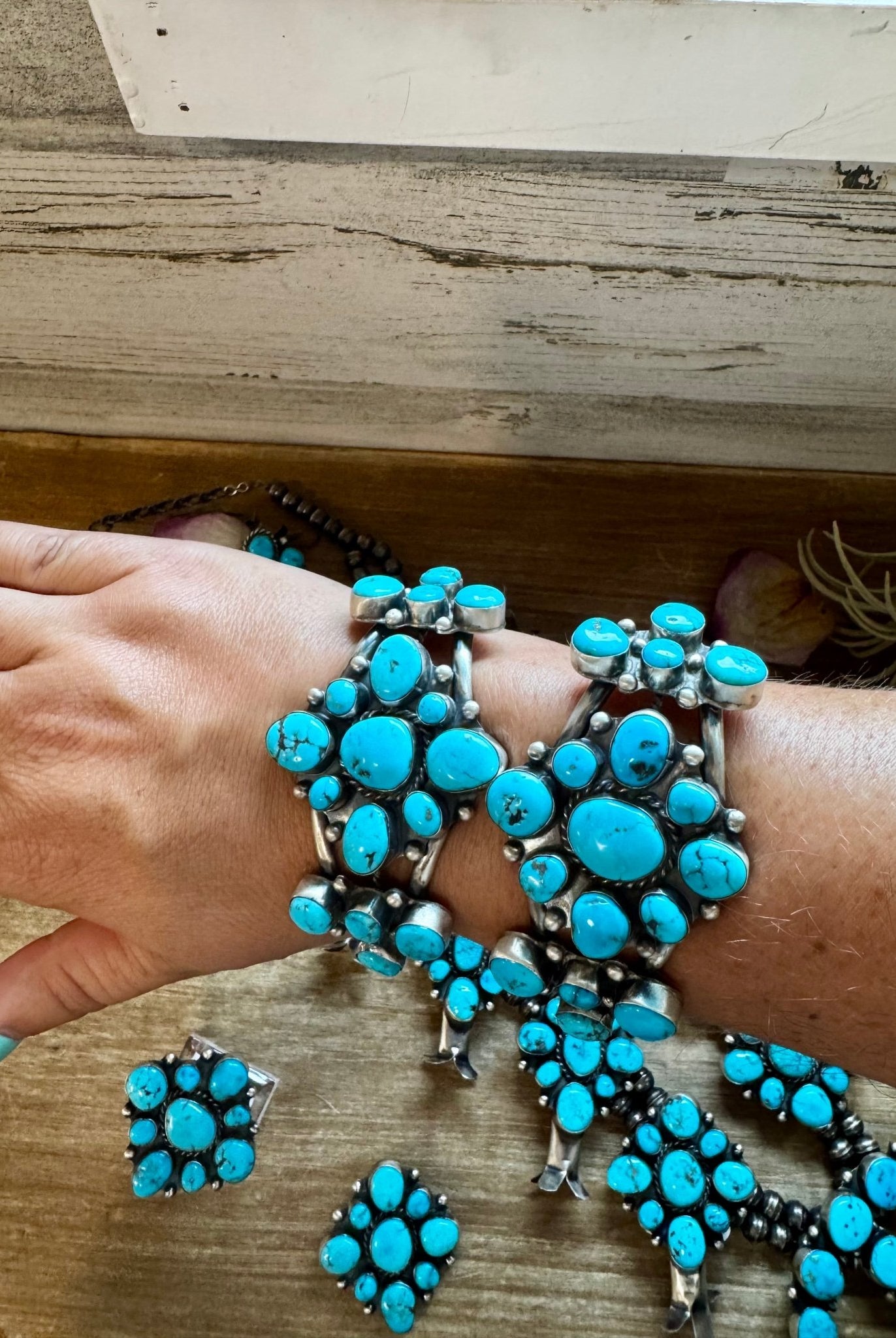 Complete Squash Blossom Set – Kingman Turquoise – Sterling Silver – Navajo Made by Wilson Dawes - Deadwood South Boutique & Company LLC