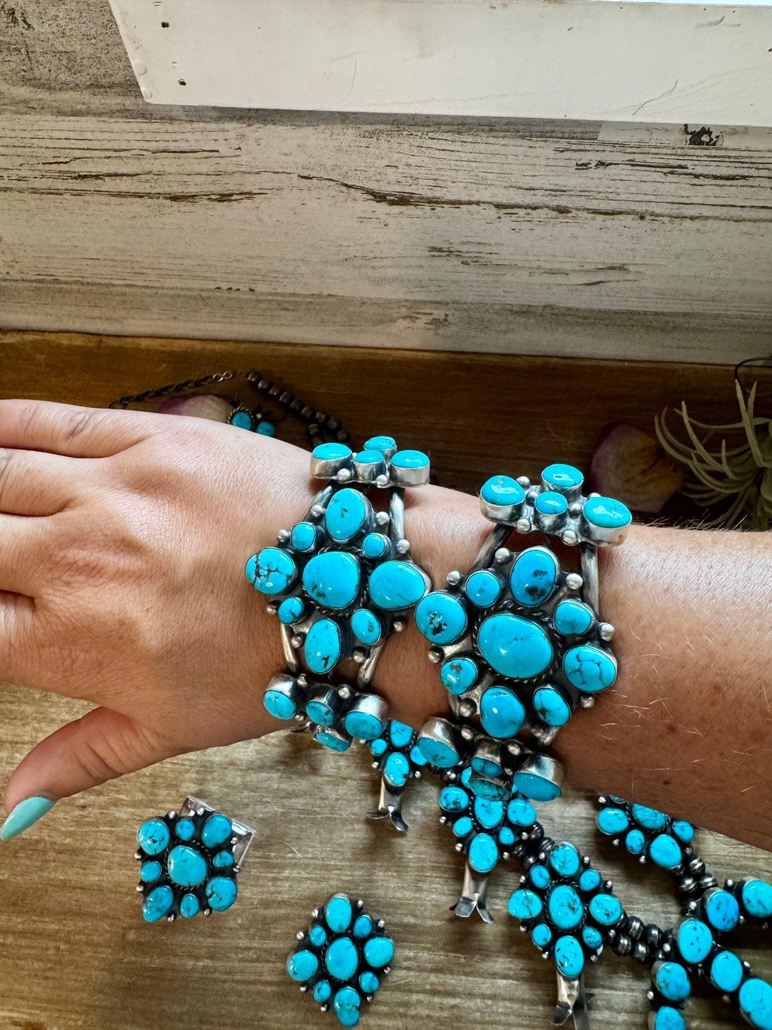 Complete Squash Blossom Set – Kingman Turquoise – Sterling Silver – Navajo Made by Wilson Dawes - Deadwood South Boutique & Company LLC