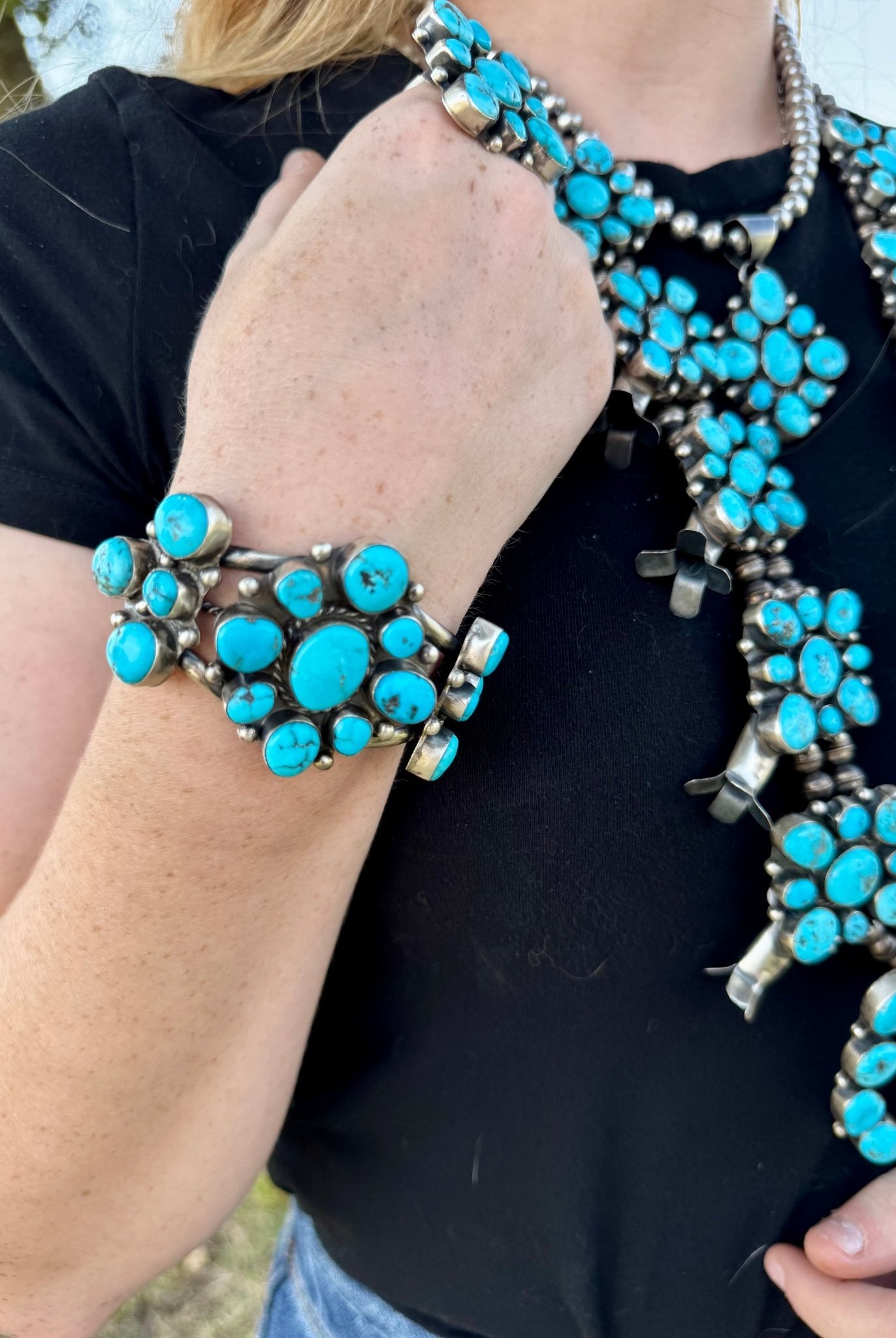 Complete Squash Blossom Set – Kingman Turquoise – Sterling Silver – Navajo Made by Wilson Dawes - Deadwood South Boutique & Company LLC