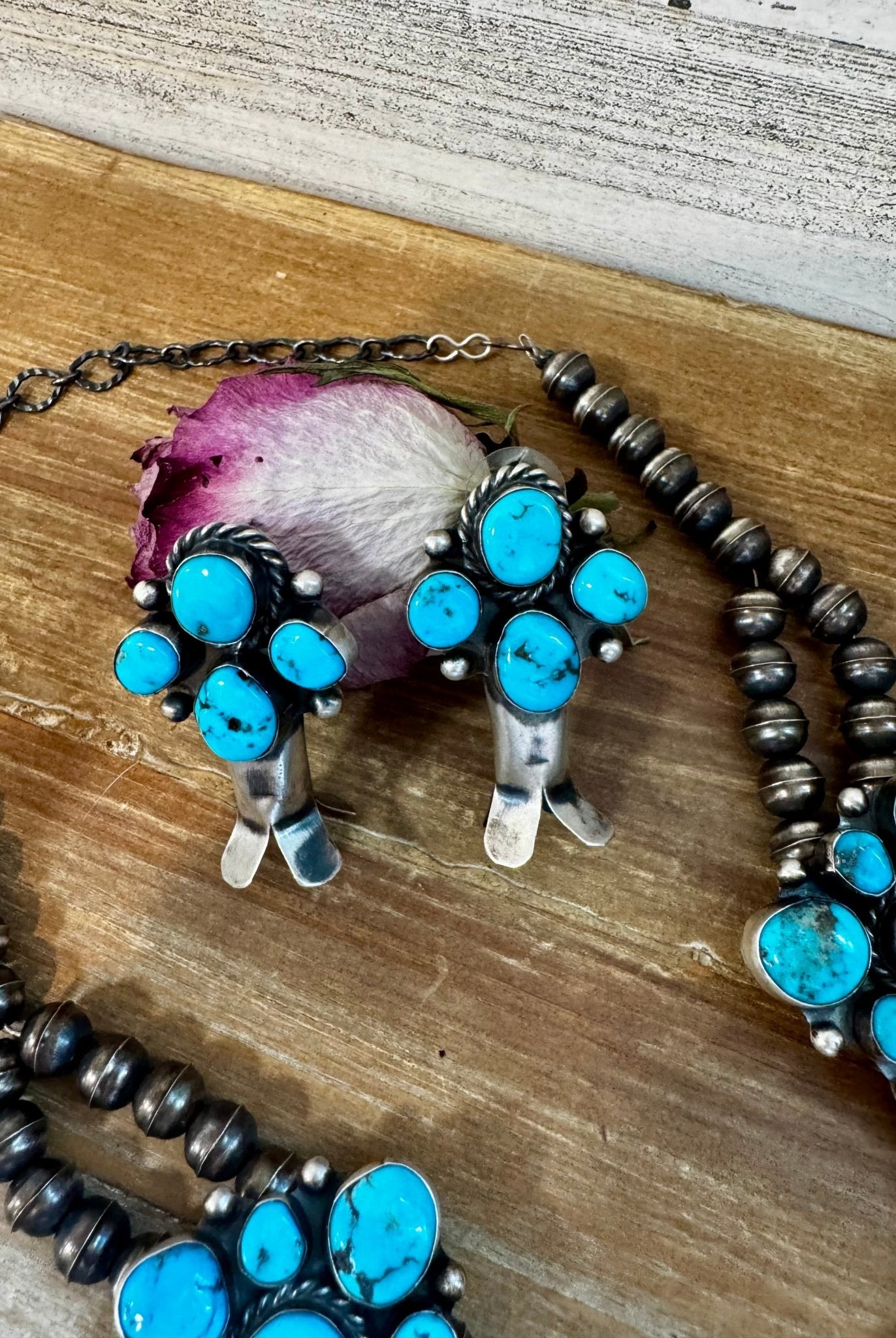 Complete Squash Blossom Set – Kingman Turquoise – Sterling Silver – Navajo Made by Wilson Dawes - Deadwood South Boutique & Company LLC