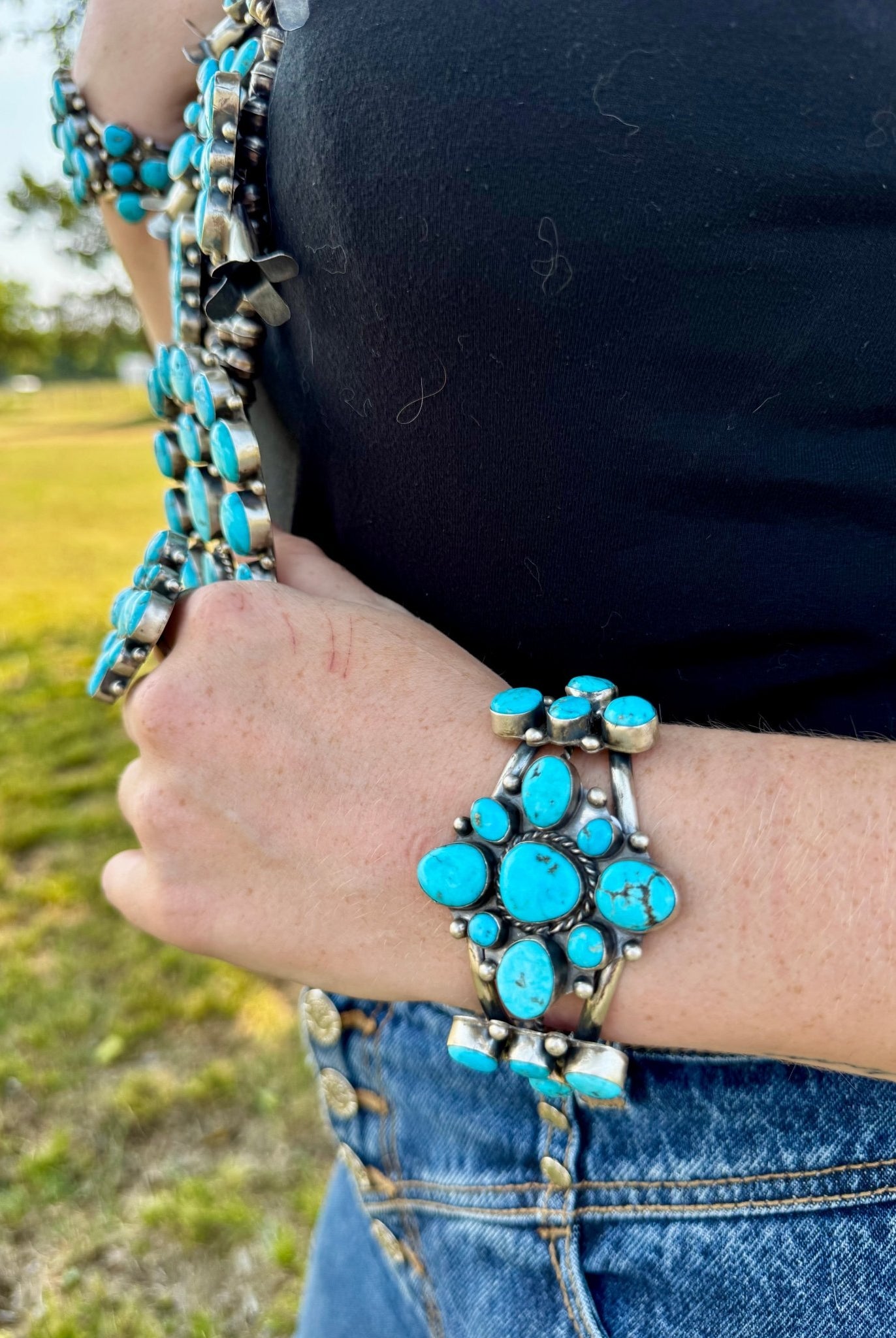 Complete Squash Blossom Set – Kingman Turquoise – Sterling Silver – Navajo Made by Wilson Dawes - Deadwood South Boutique & Company LLC