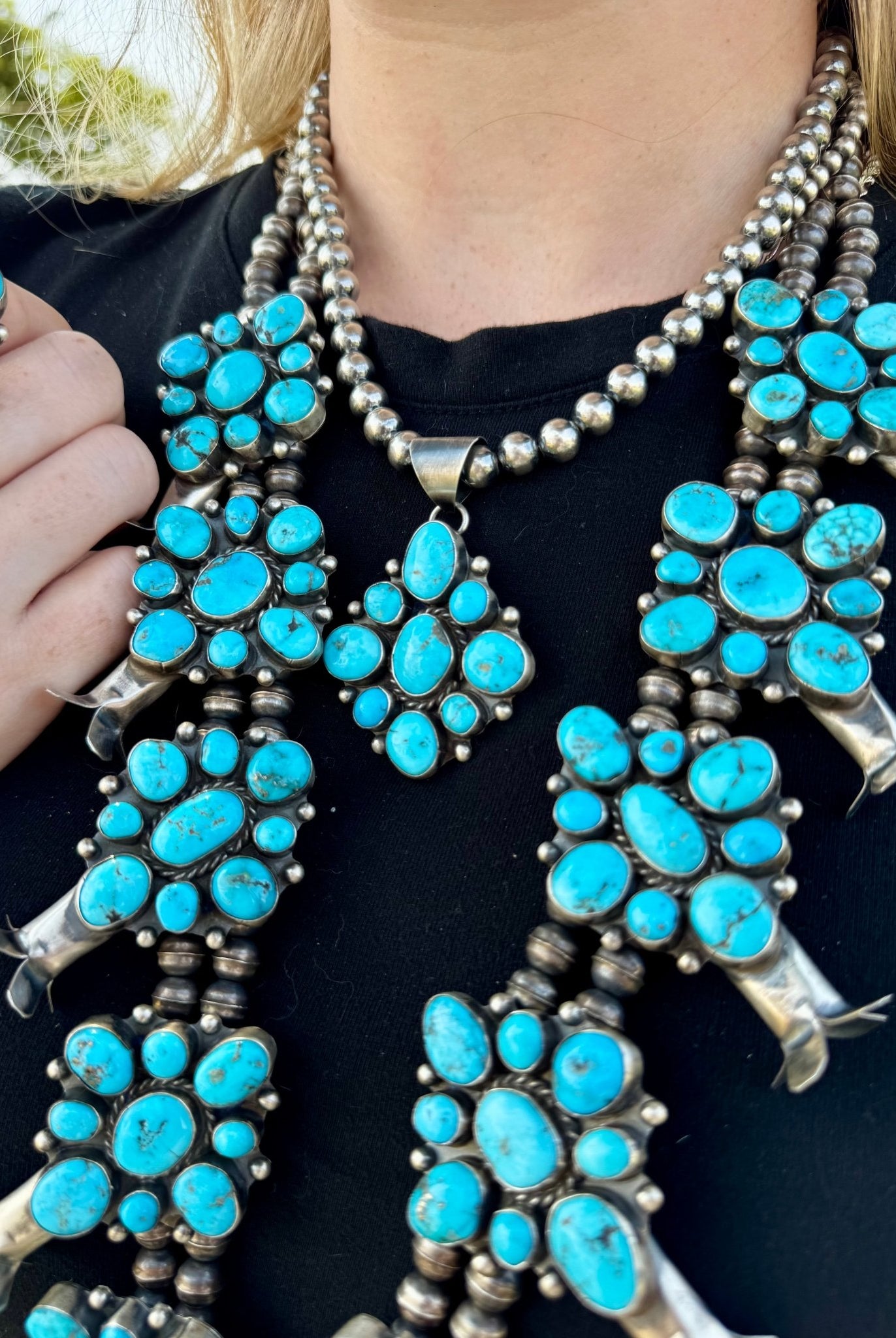 Complete Squash Blossom Set – Kingman Turquoise – Sterling Silver – Navajo Made by Wilson Dawes - Deadwood South Boutique & Company LLC