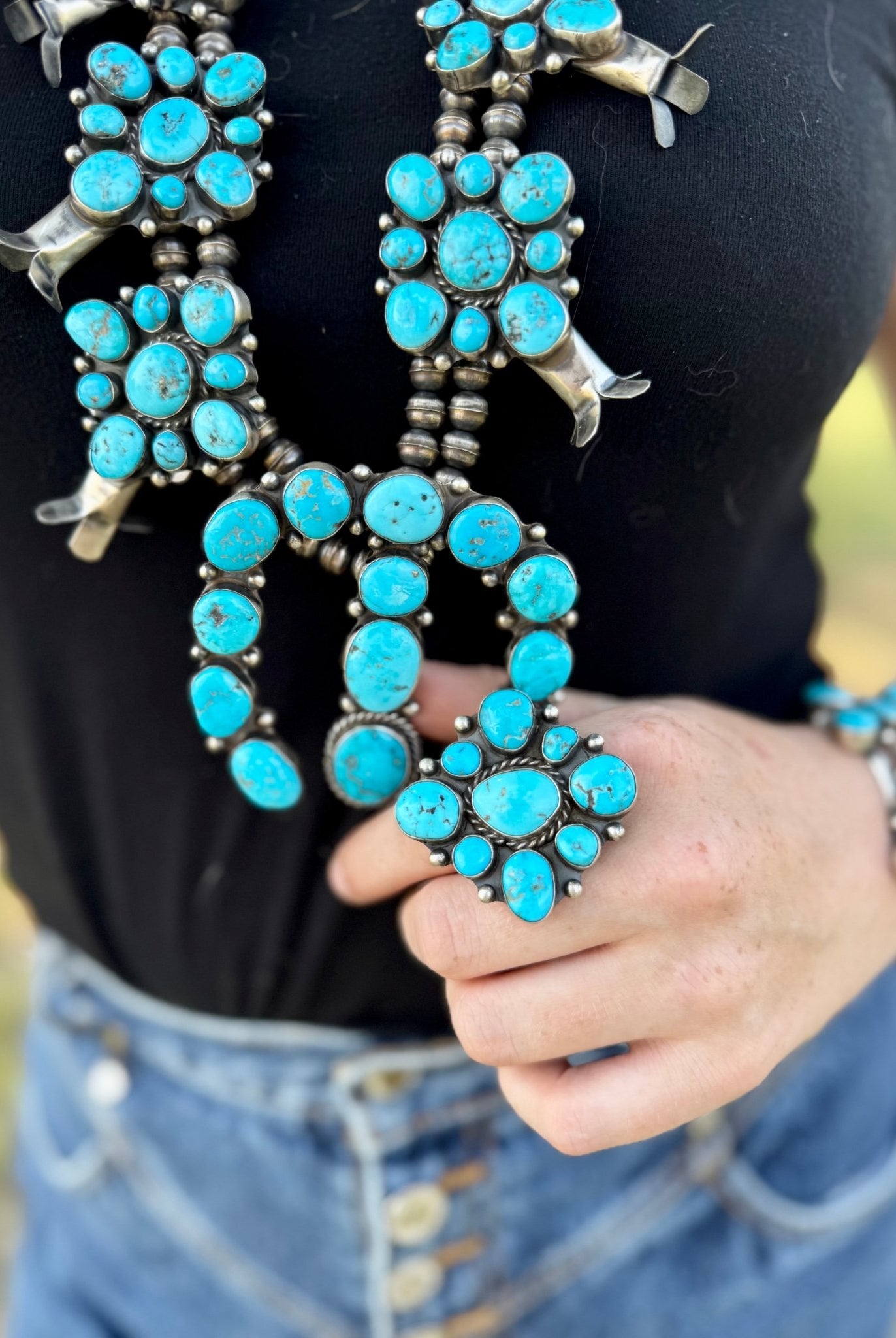 Complete Squash Blossom Set – Kingman Turquoise – Sterling Silver – Navajo Made by Wilson Dawes - Deadwood South Boutique & Company LLC