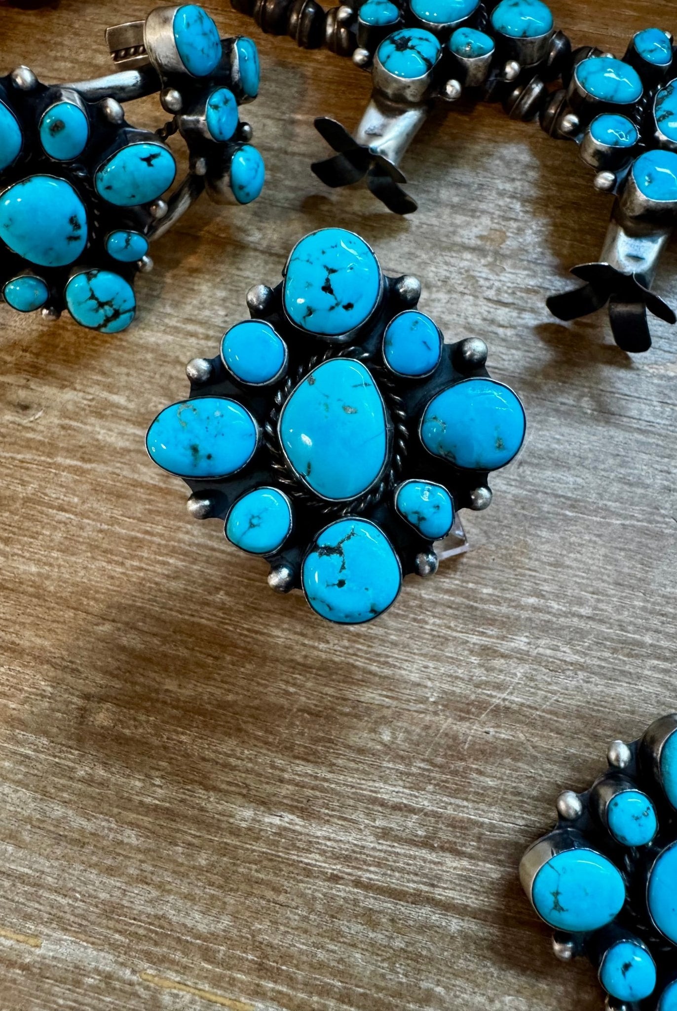 Complete Squash Blossom Set – Kingman Turquoise – Sterling Silver – Navajo Made by Wilson Dawes - Deadwood South Boutique & Company LLC