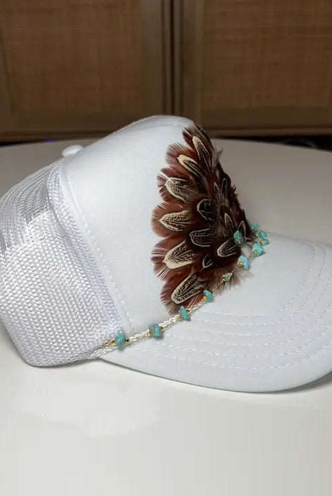 Trudy White Feather Embellished Trucker Cap w/Turquoise Hat Chain-Hats-Deadwood South Boutique & Company-Deadwood South Boutique, Women's Fashion Boutique in Henderson, TX