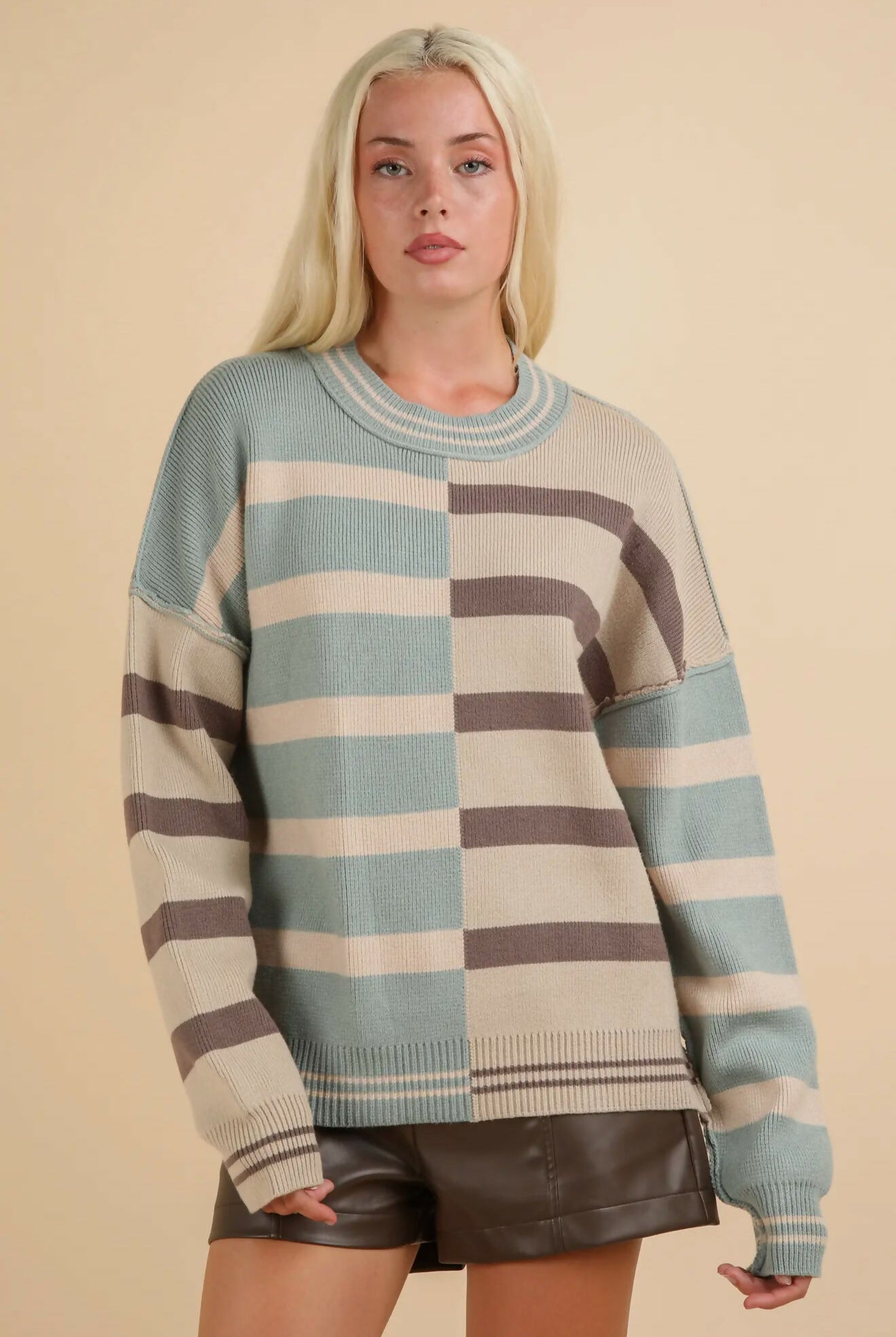 Sage Colorblock Oversized Sweater-Tops & Tees-Vintage Cowgirl-Deadwood South Boutique, Women's Fashion Boutique in Henderson, TX