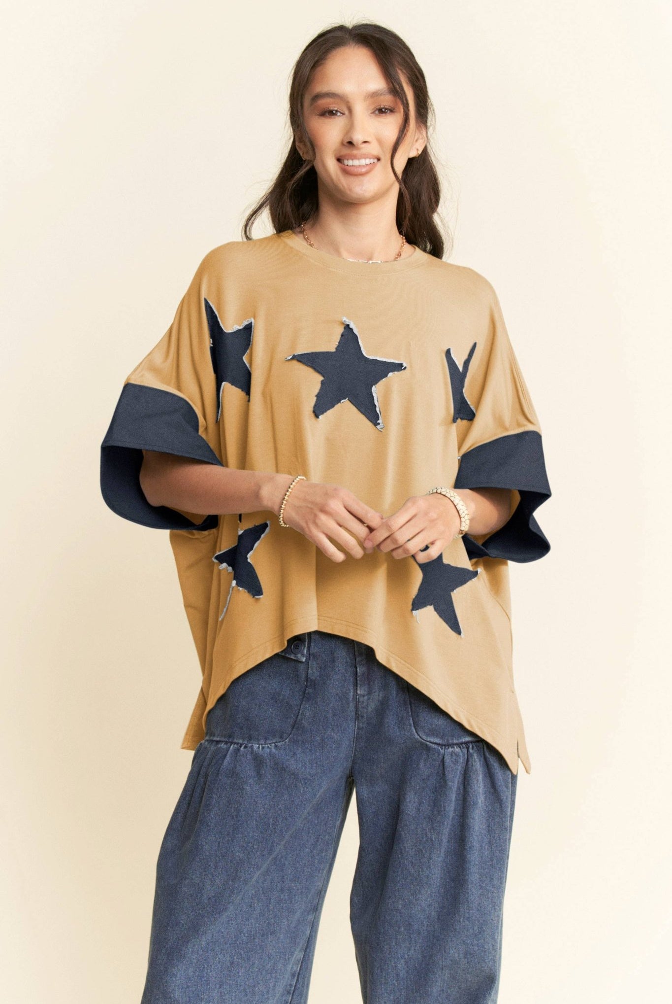 Denim Star Patch Contrast Cuff High-Low Tee - Deadwood South Boutique & Company LLC