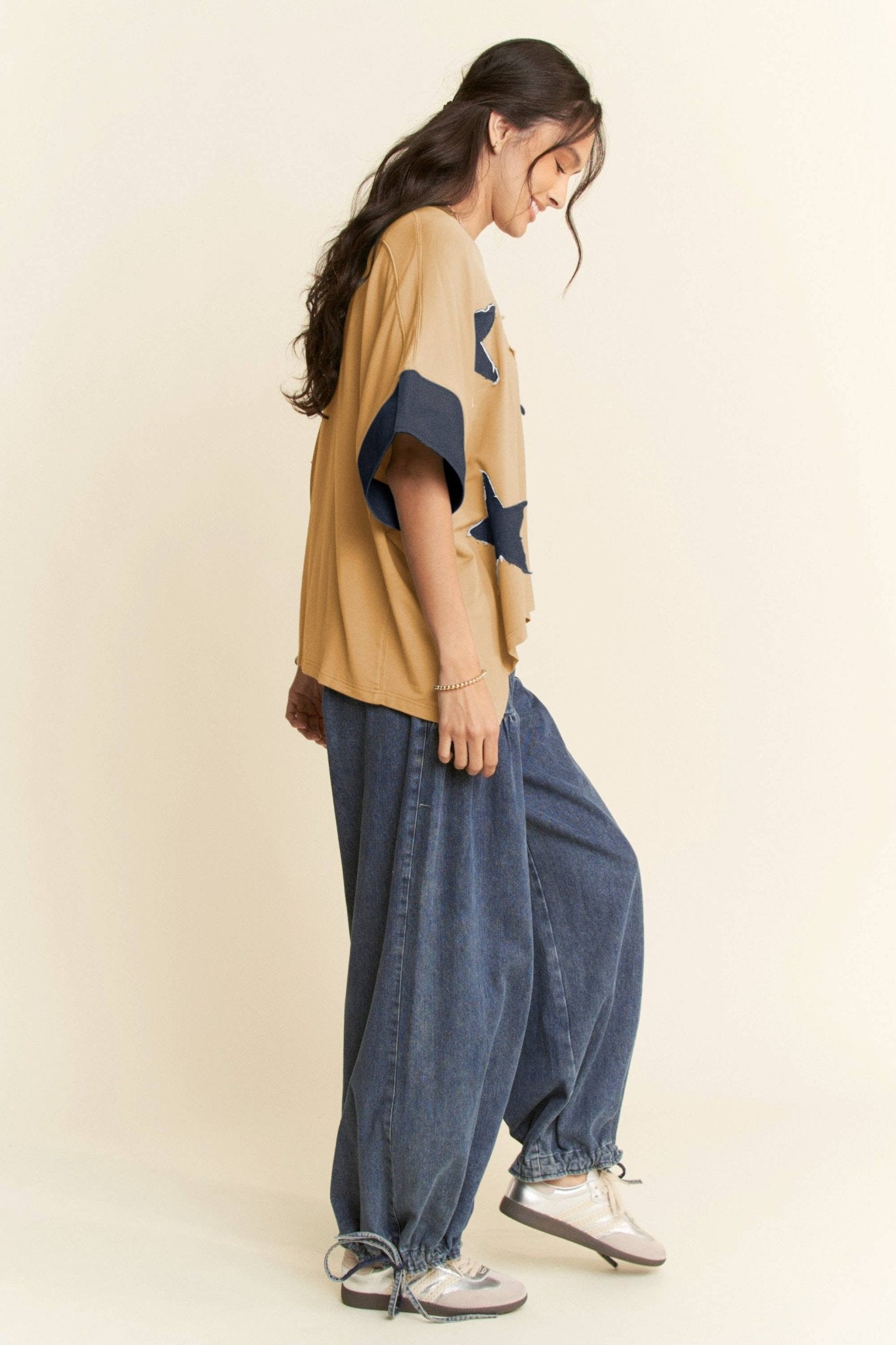 Denim Star Patch Contrast Cuff High-Low Tee - Deadwood South Boutique & Company LLC