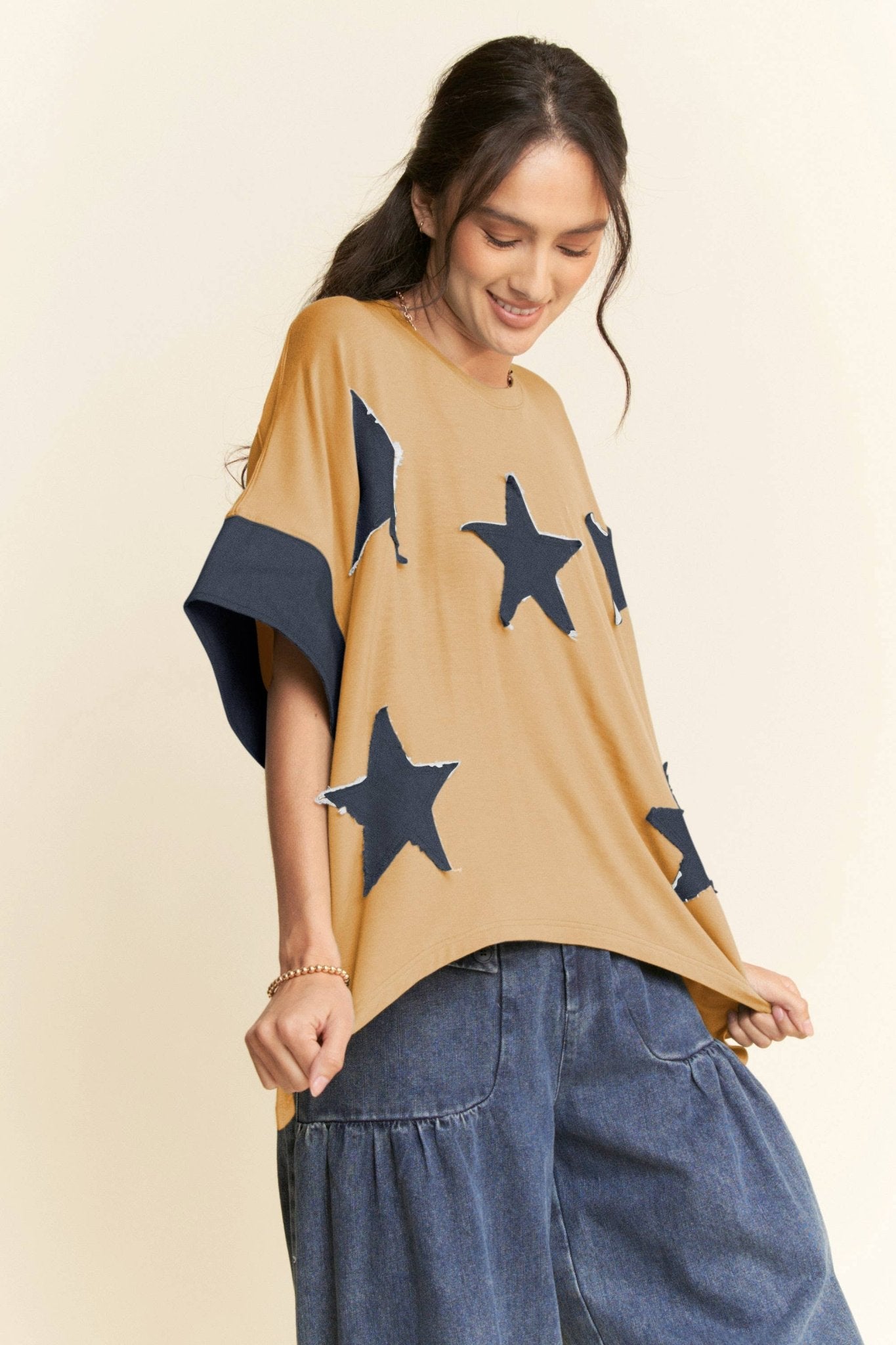 Denim Star Patch Contrast Cuff High-Low Tee - Deadwood South Boutique & Company LLC