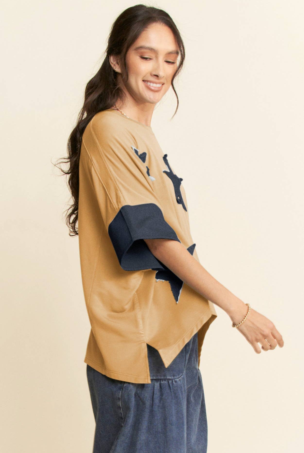 Denim Star Patch Contrast Cuff High-Low Tee - Deadwood South Boutique & Company LLC