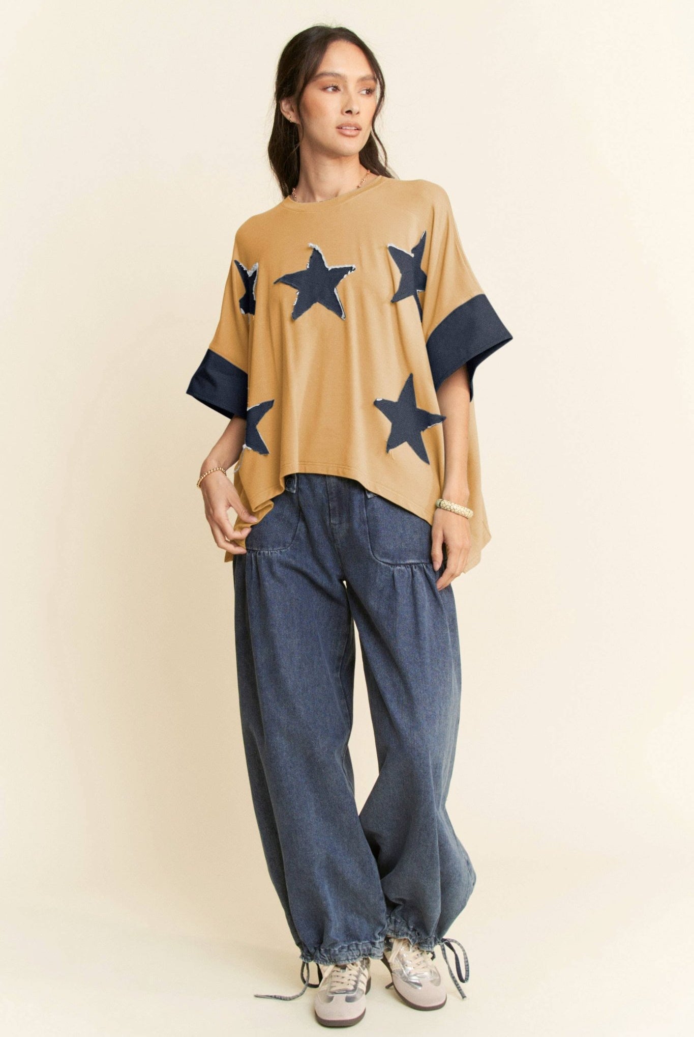 Denim Star Patch Contrast Cuff High-Low Tee - Deadwood South Boutique & Company LLC