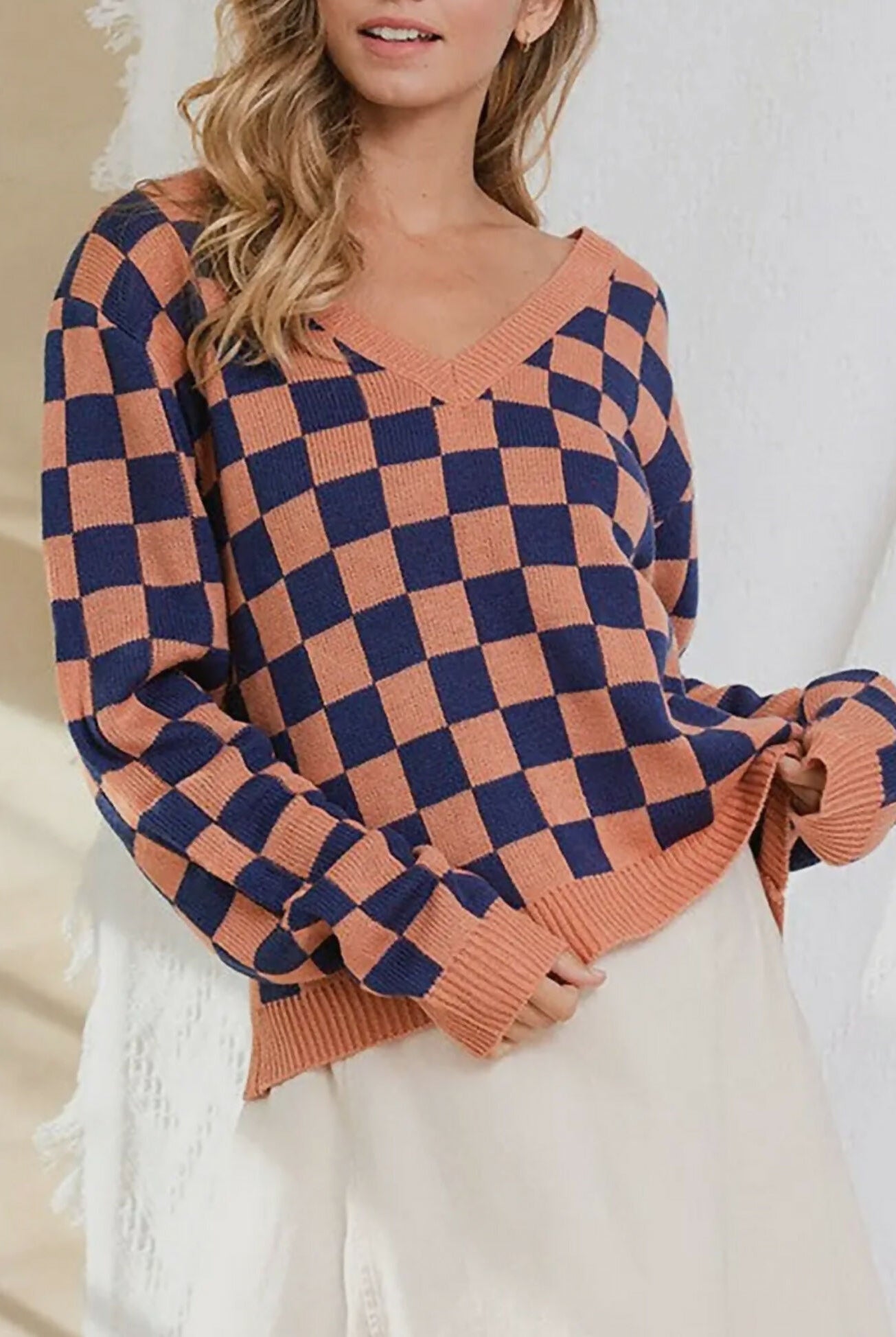 Avery Square Print V-Neck Sweater-Tops & Tees-Vintage Cowgirl-Deadwood South Boutique, Women's Fashion Boutique in Henderson, TX