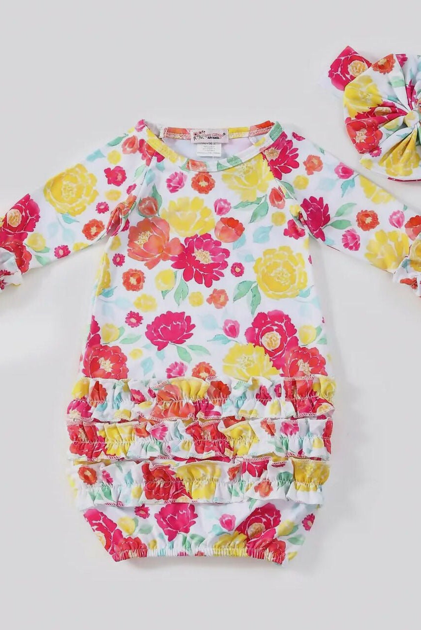 Electric Blooms Newborn Gown w/bow - Deadwood South Boutique & Company LLC