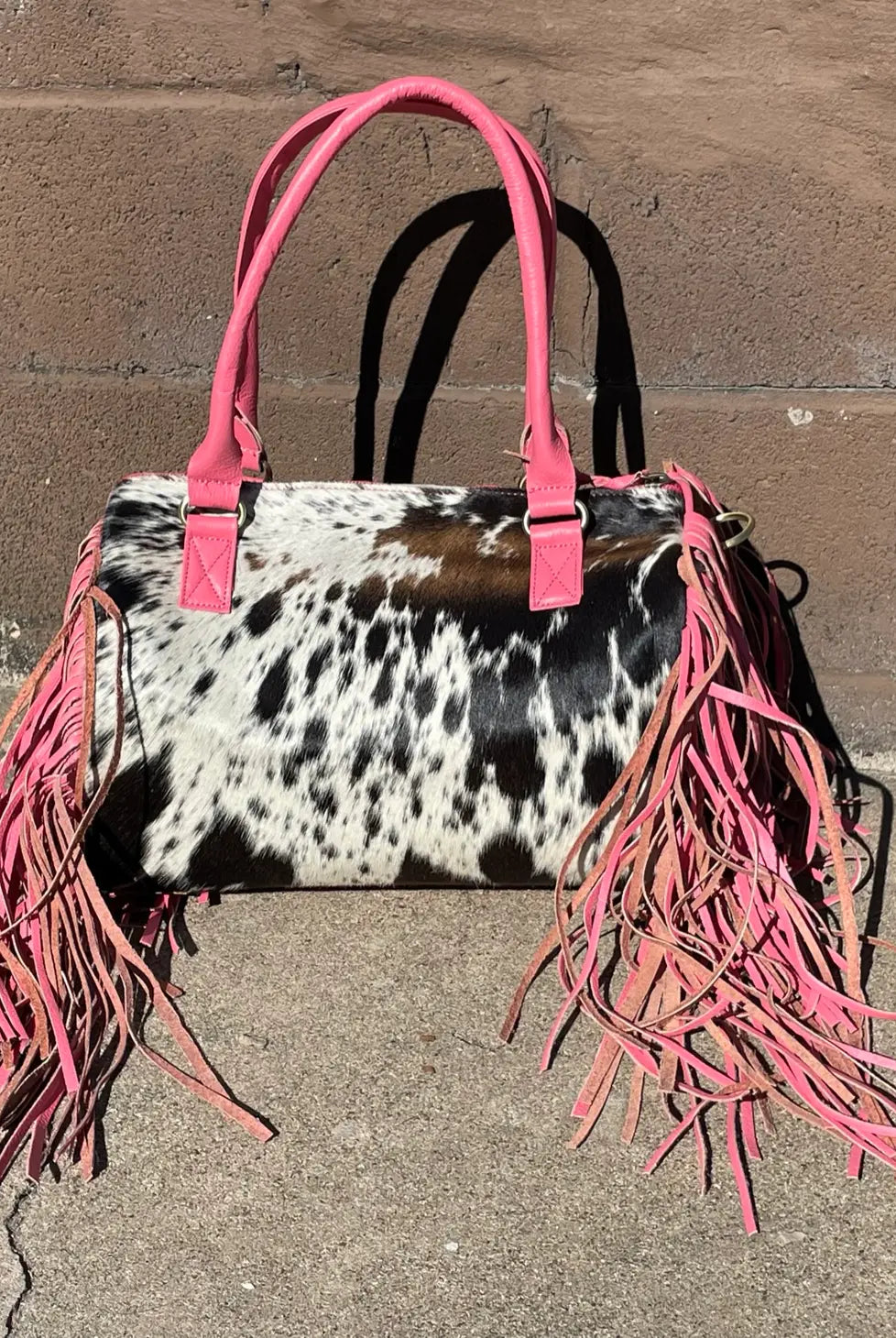 Cowhide Leather Speedy Bag With Pink Leather Fringe-Bags & Purses-Deadwood South Boutique & Company-Deadwood South Boutique, Women's Fashion Boutique in Henderson, TX