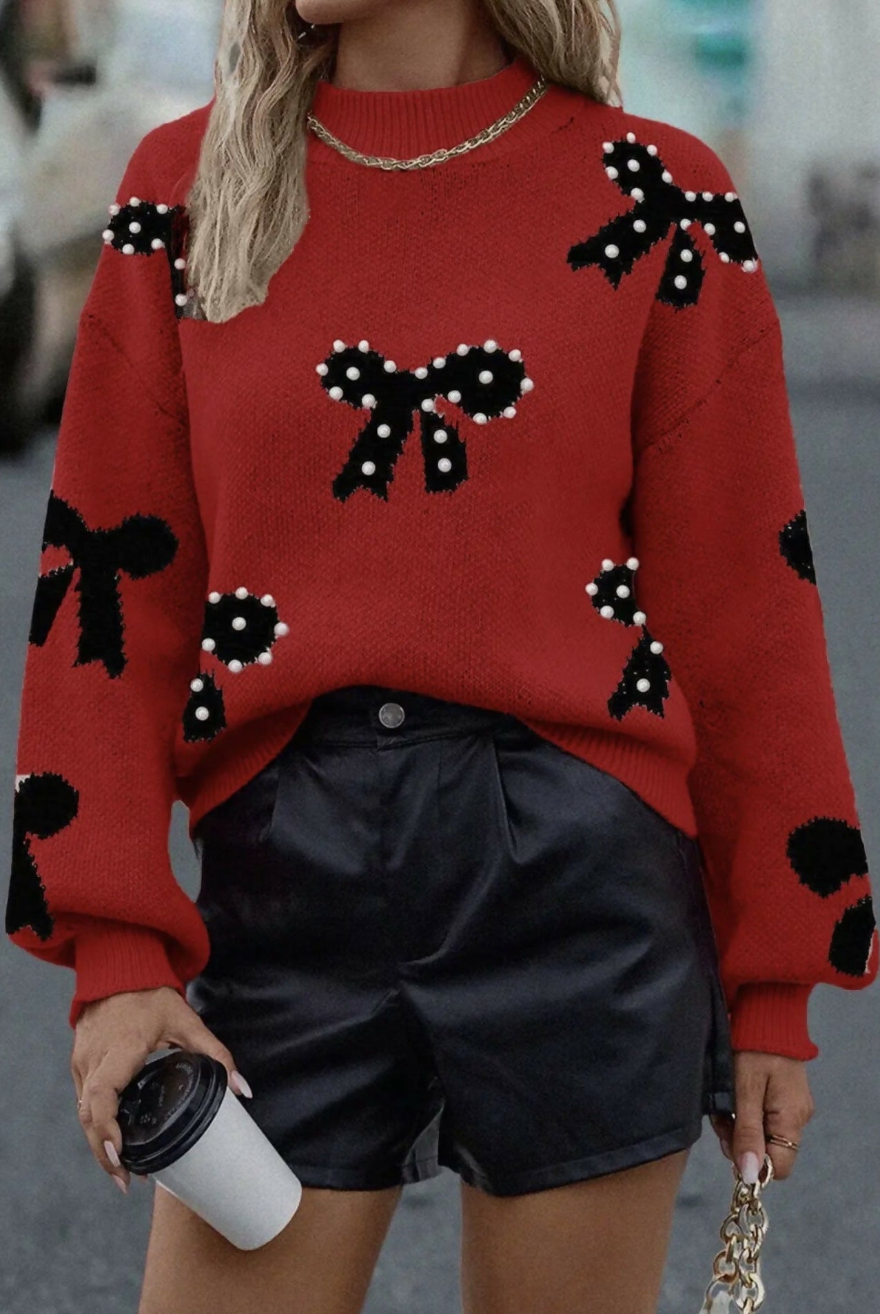 Fancy Bow Pearl Embellished Sweater - Deadwood South Boutique & Company LLC