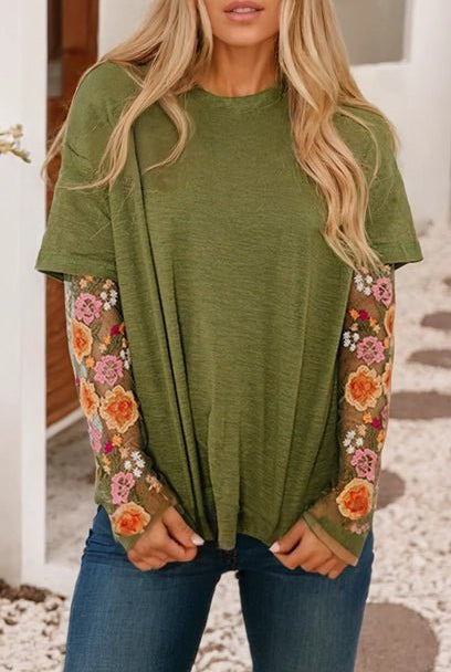 Floral Embroidered Mesh Sleeve Crewneck Top - Deadwood South Boutique & Company LLC