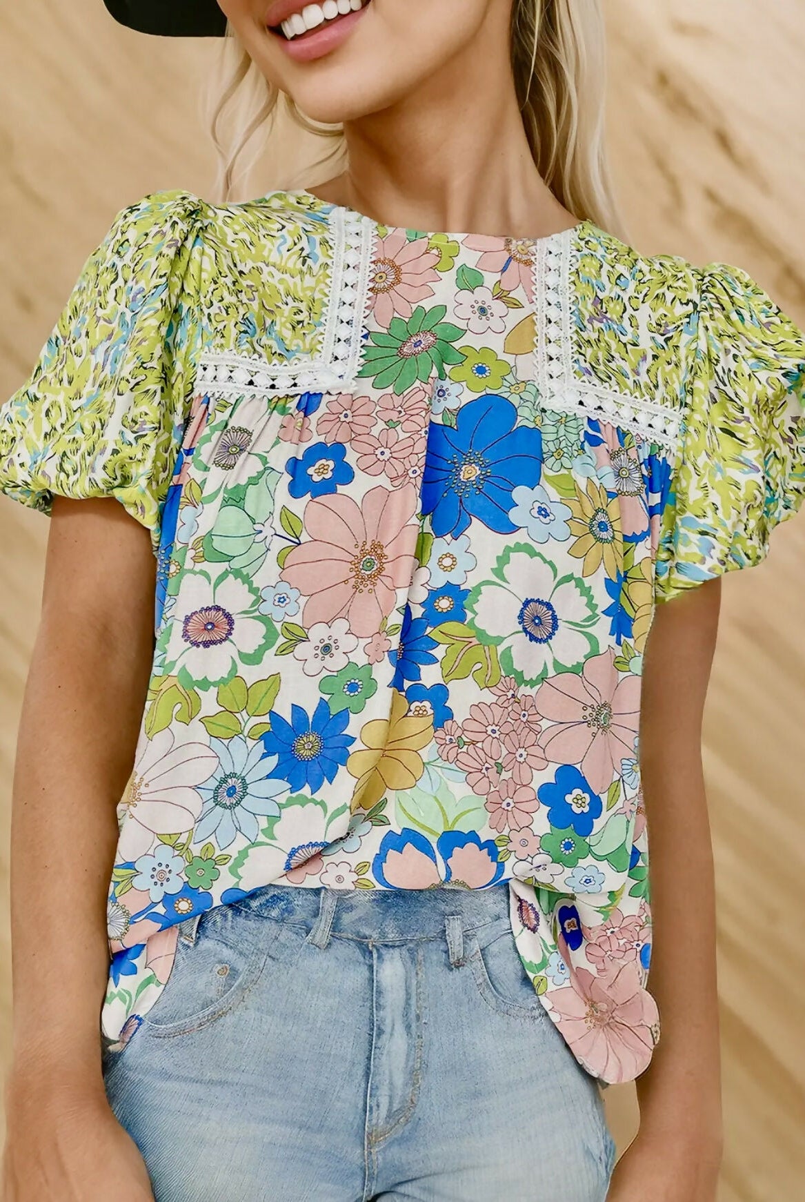 Kim Floral Lace Patch Top-Short Sleeves-Vintage Cowgirl-Deadwood South Boutique, Women's Fashion Boutique in Henderson, TX