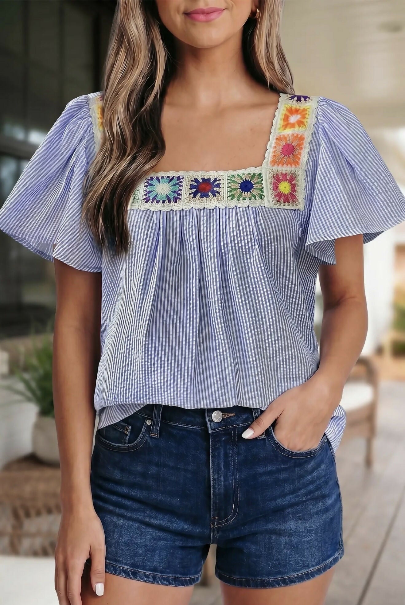 Jana Striped Detailed Square Top - Deadwood South Boutique & Company LLC