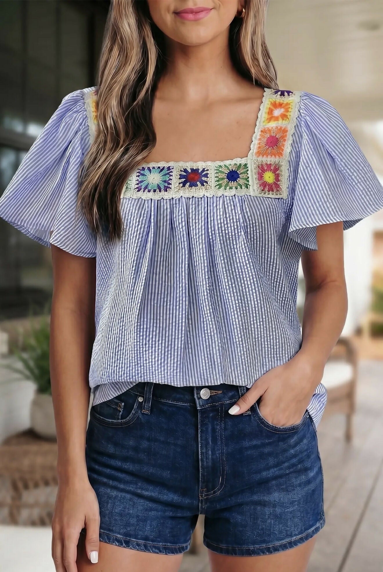 Jana Striped Detailed Square Top - Deadwood South Boutique & Company LLC