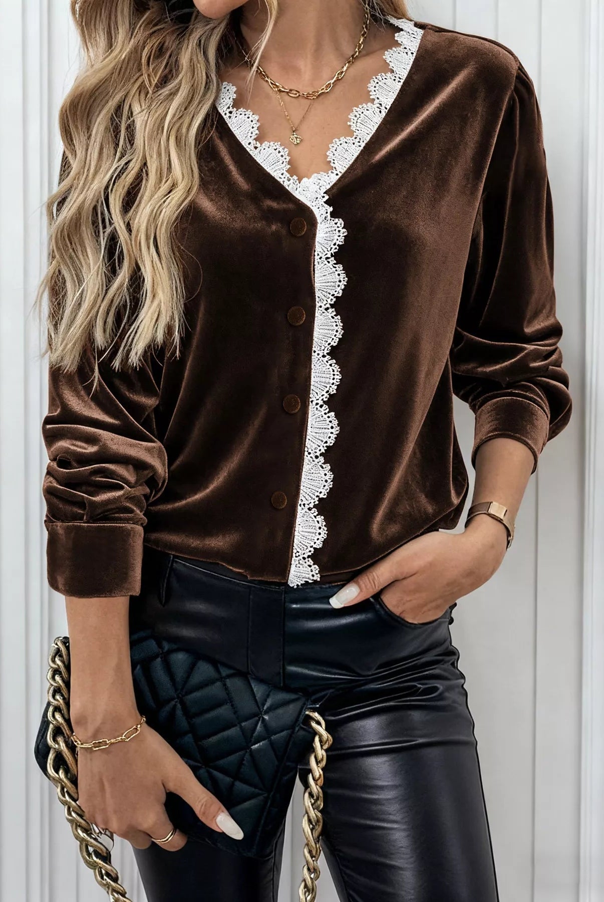 Lace Trim V - Neck Velvet Blouse - Deadwood South Boutique & Company LLC