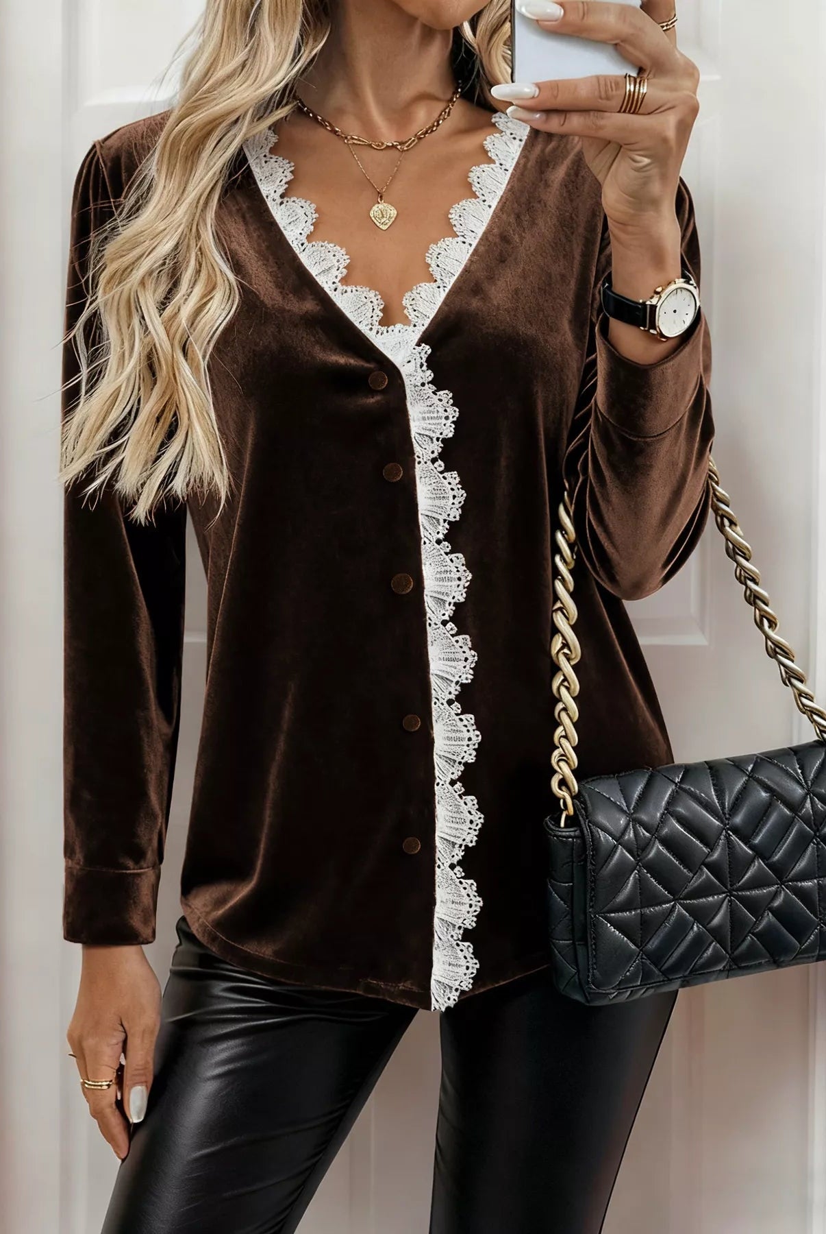 Lace Trim V - Neck Velvet Blouse - Deadwood South Boutique & Company LLC