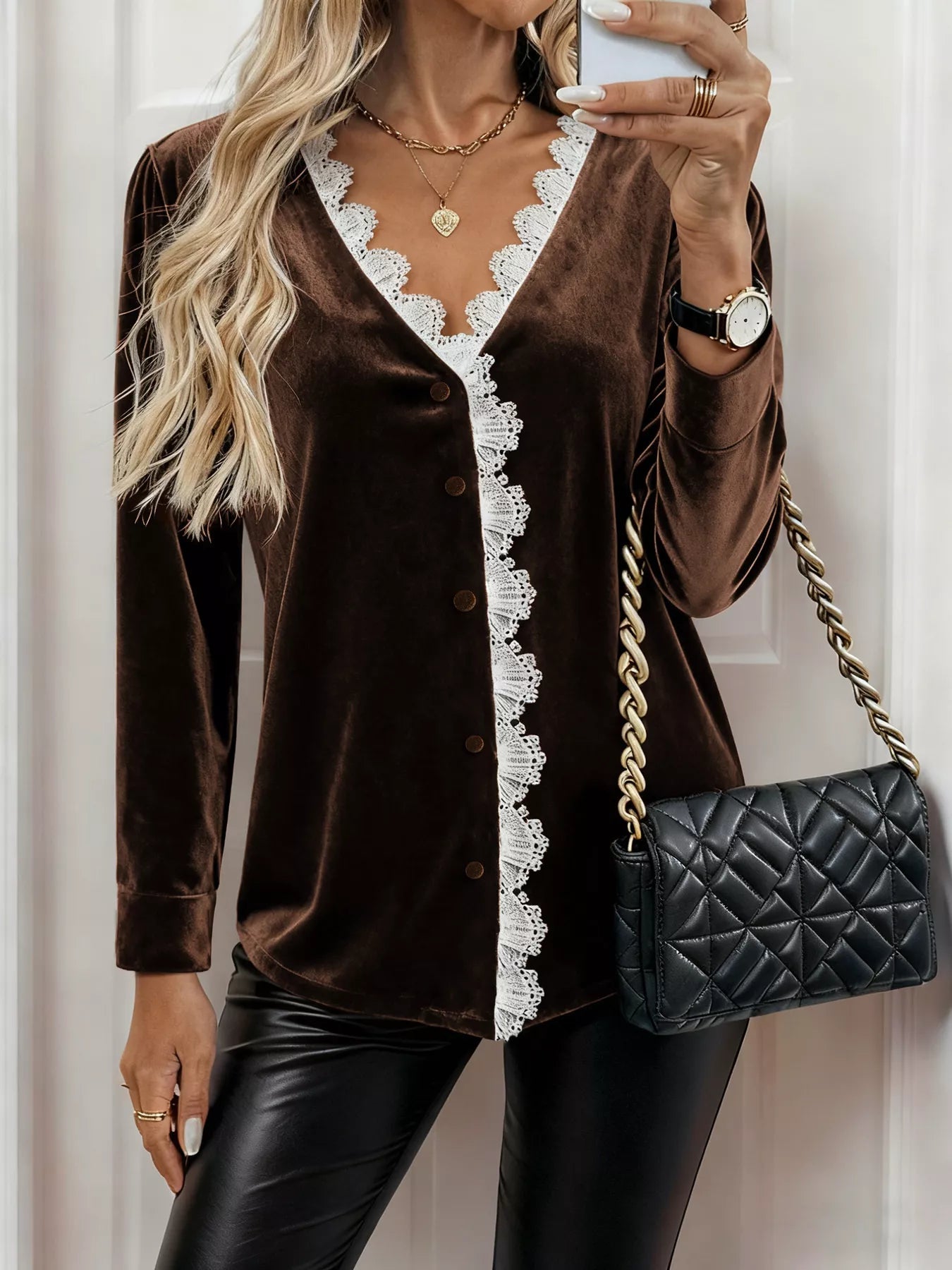 Lace Trim V - Neck Velvet Blouse - Deadwood South Boutique & Company LLC