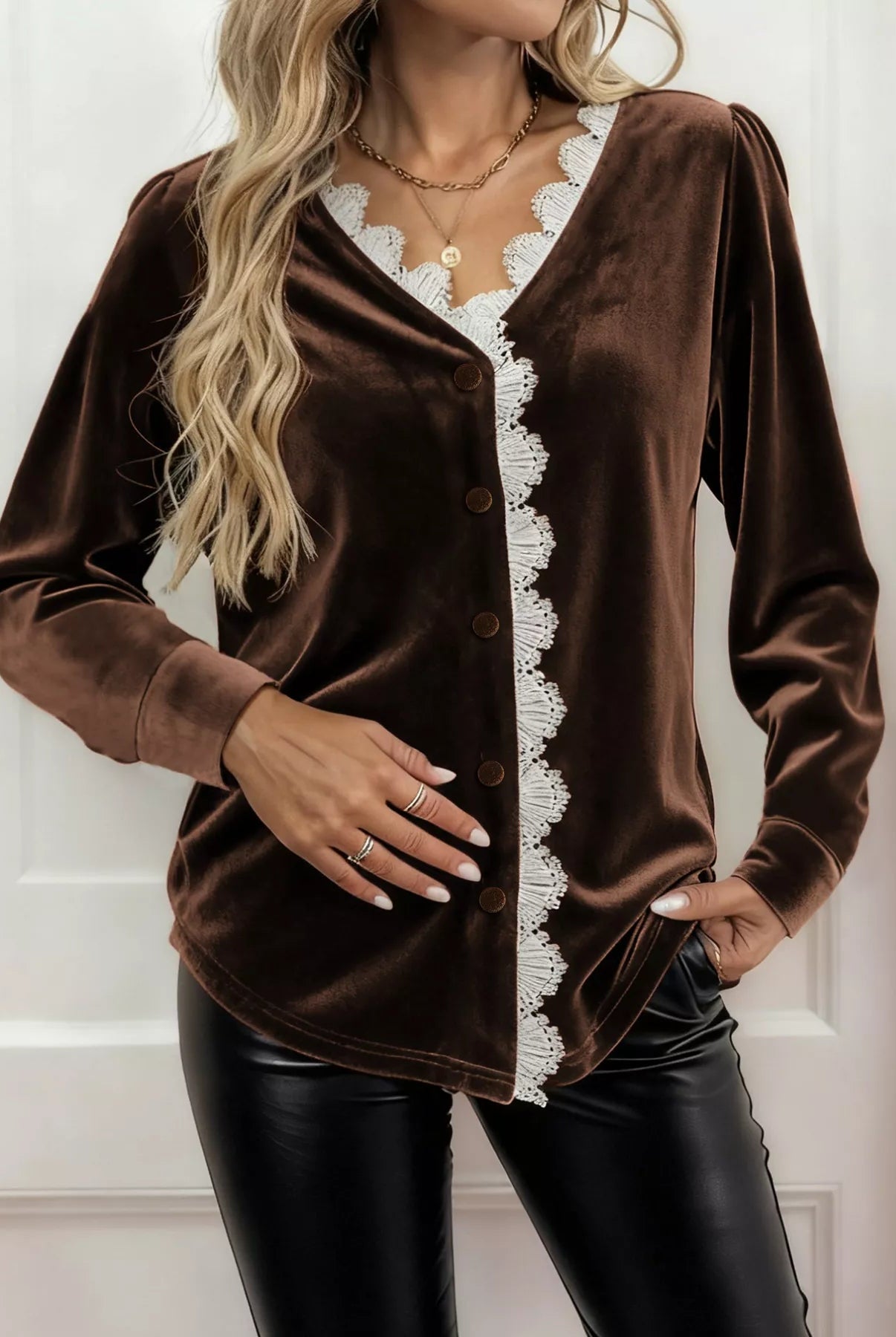 Lace Trim V - Neck Velvet Blouse - Deadwood South Boutique & Company LLC
