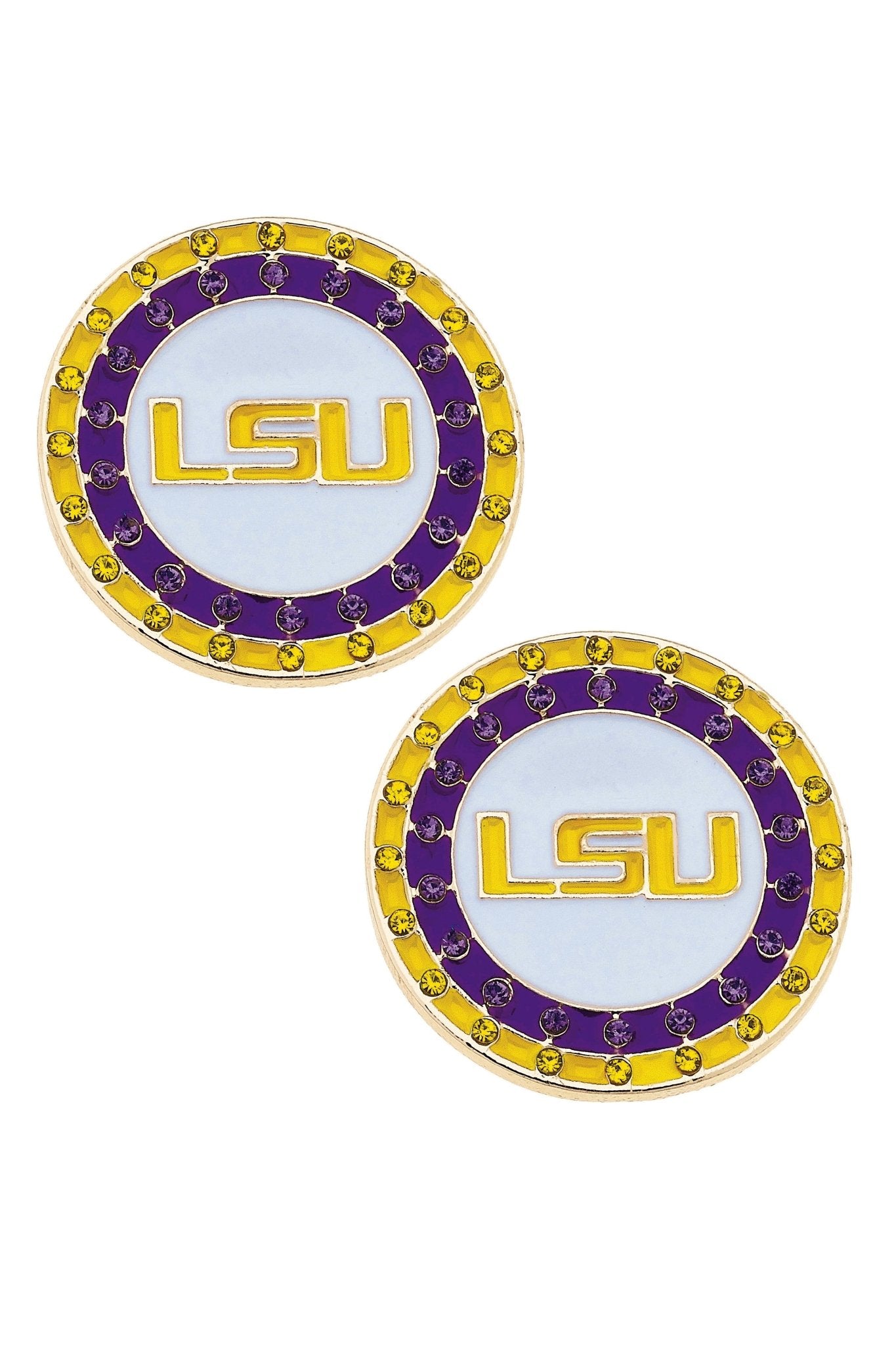LSU Tigers Pave Disc Stud Earrings in Purple/Gold/White - Deadwood South Boutique & Company LLC