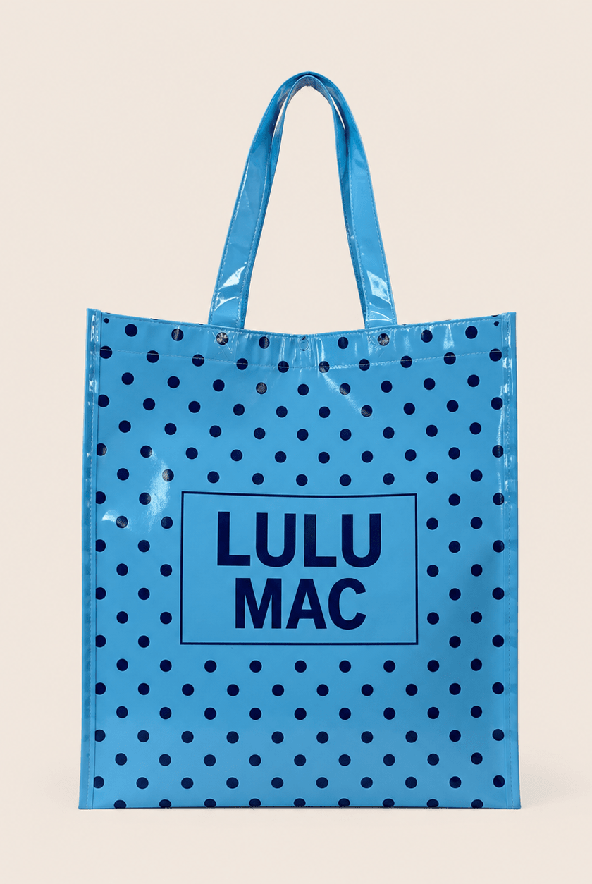 LuLu Mac REUSABLE TOTE-LT BLUE DARK BLUE DOTS - Deadwood South Boutique & Company LLC