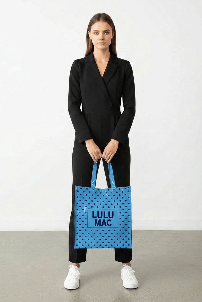 LuLu Mac REUSABLE TOTE-LT BLUE DARK BLUE DOTS - Deadwood South Boutique & Company LLC