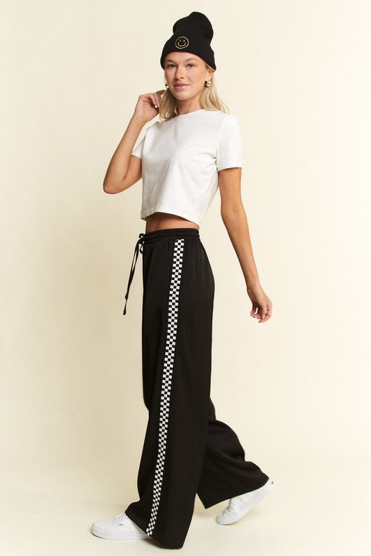 Marcy Checkerboard Tape Satin Sweatpants - Deadwood South Boutique & Company LLC