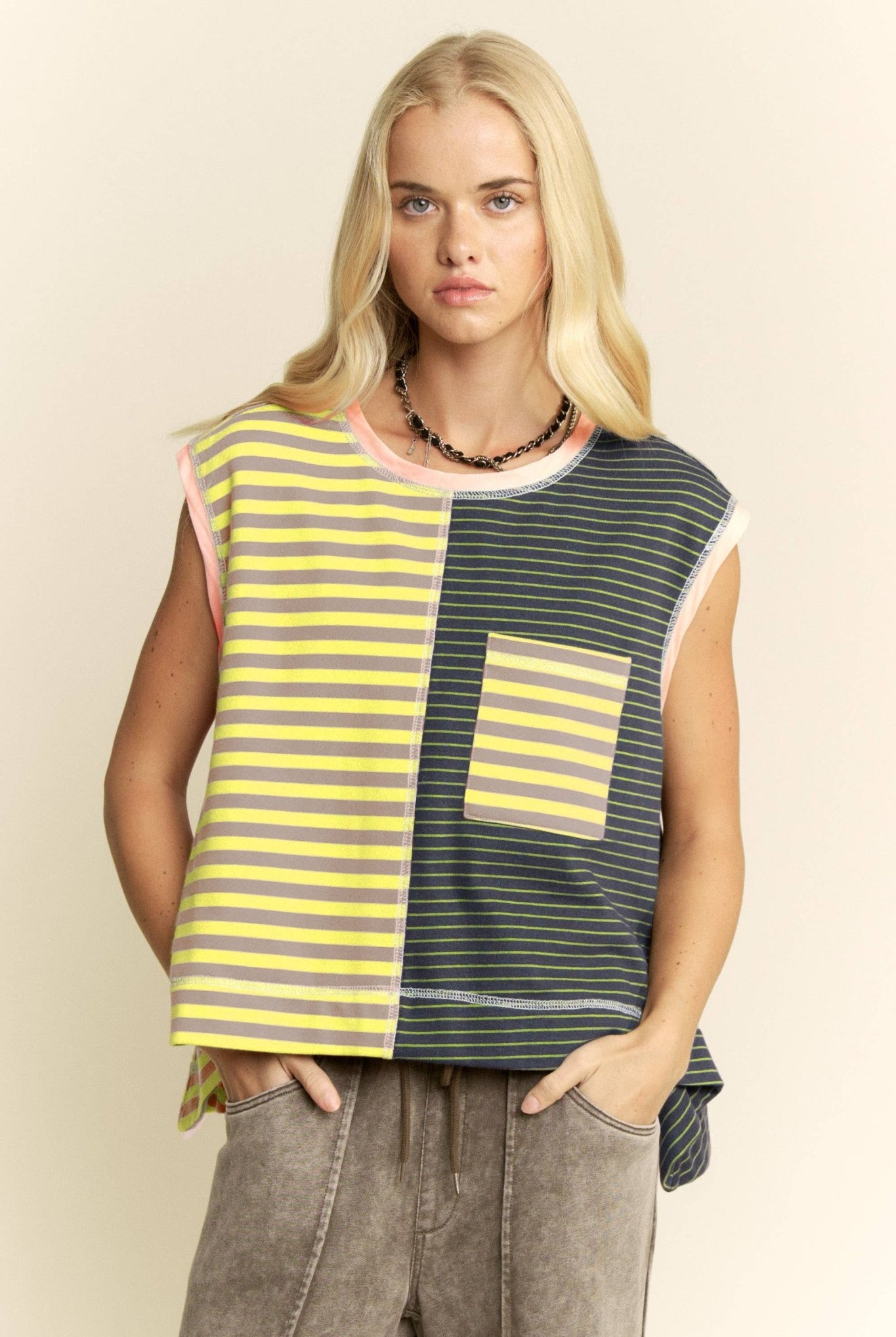 Mixed-Stripe Colorblock Sleeveless Pocket Top - Deadwood South Boutique & Company LLC