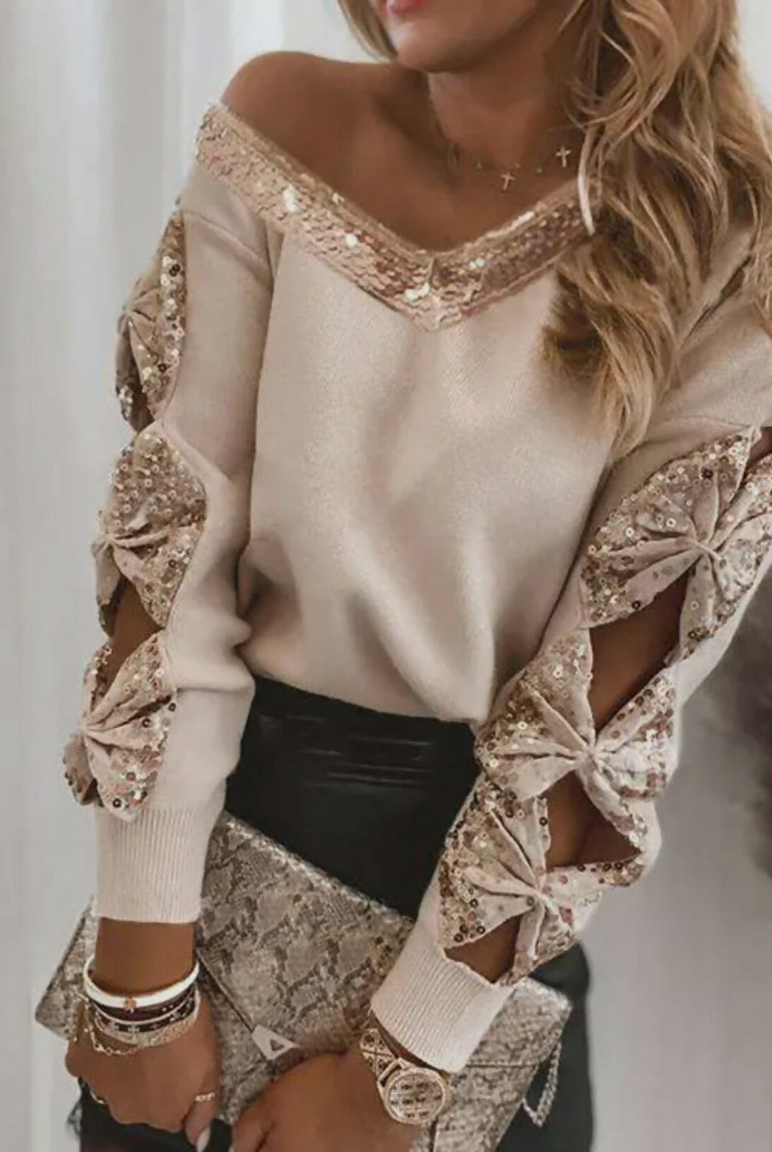 Bowknot Sequin Sweater-Tops & Tees-Vintage Cowgirl-Deadwood South Boutique, Women's Fashion Boutique in Henderson, TX