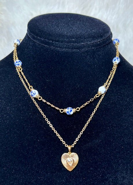 Porcelain Bead & Heart Pendant Layered Necklace - Deadwood South Boutique & Company LLC