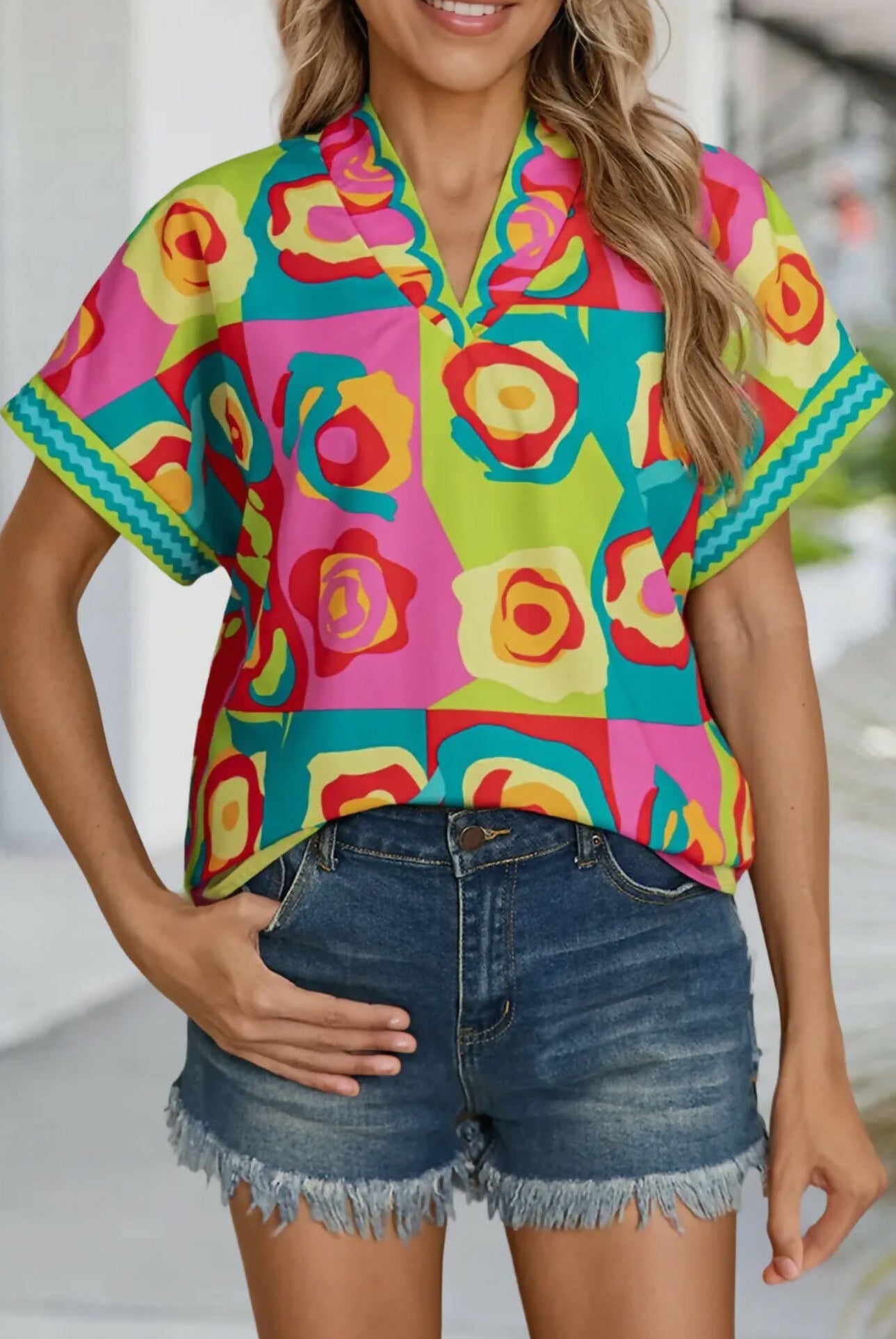 Liz Colorblock Abstract Blouse-Tops & Tees-Vintage Cowgirl-Deadwood South Boutique, Women's Fashion Boutique in Henderson, TX