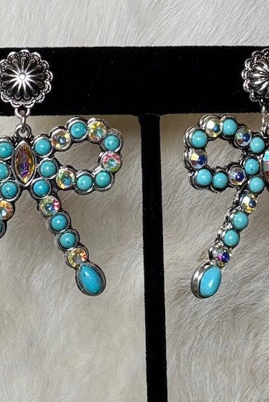 Rhinestone Turquoise Fashion Bow Earrings - Deadwood South Boutique & Company LLC
