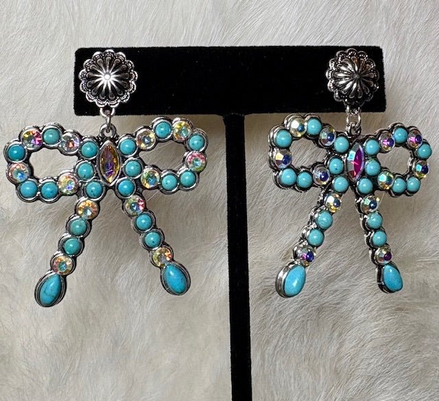Rhinestone Turquoise Fashion Bow Earrings - Deadwood South Boutique & Company LLC