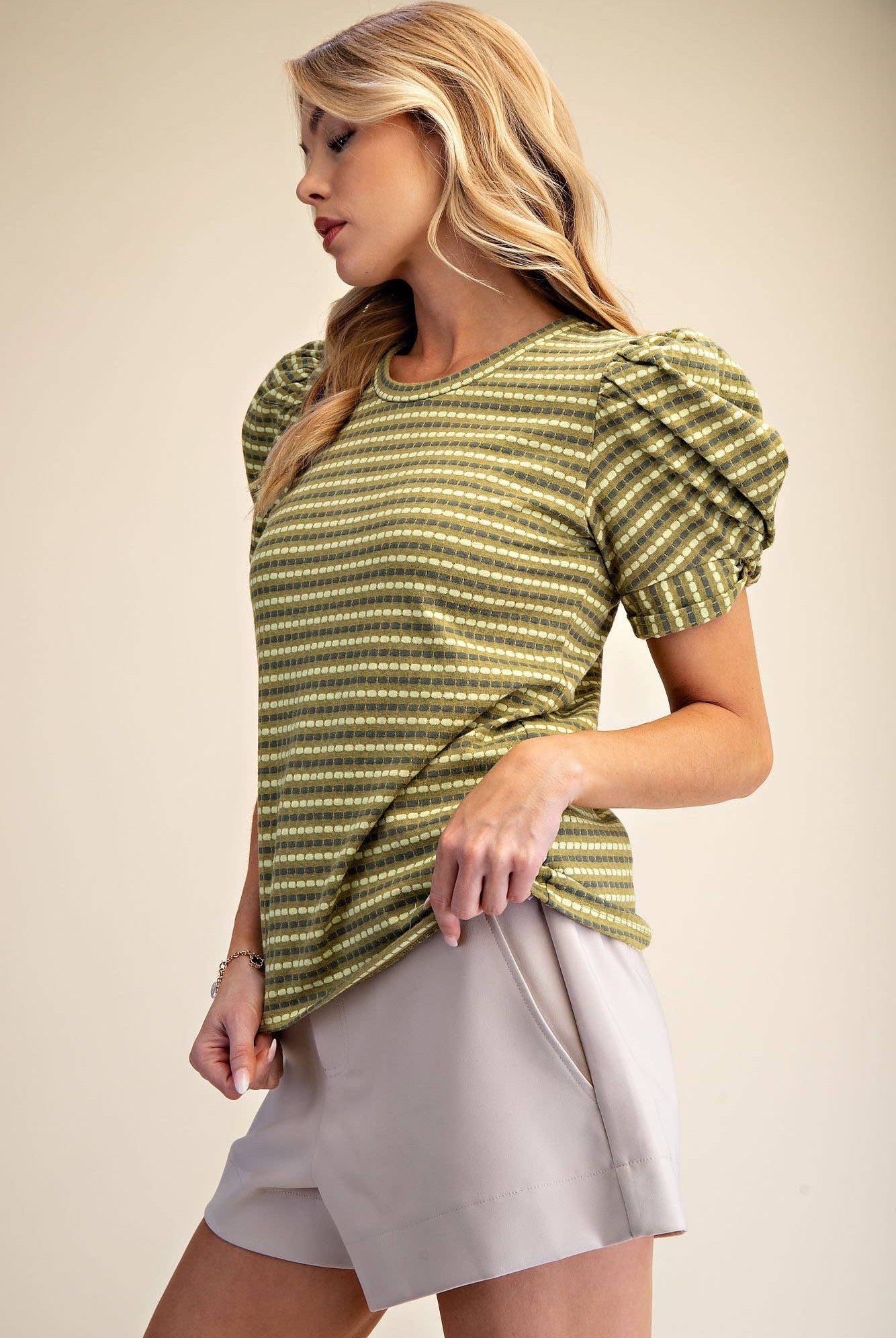Round Neck Puff Sleeve Stripe Top - Deadwood South Boutique & Company LLC