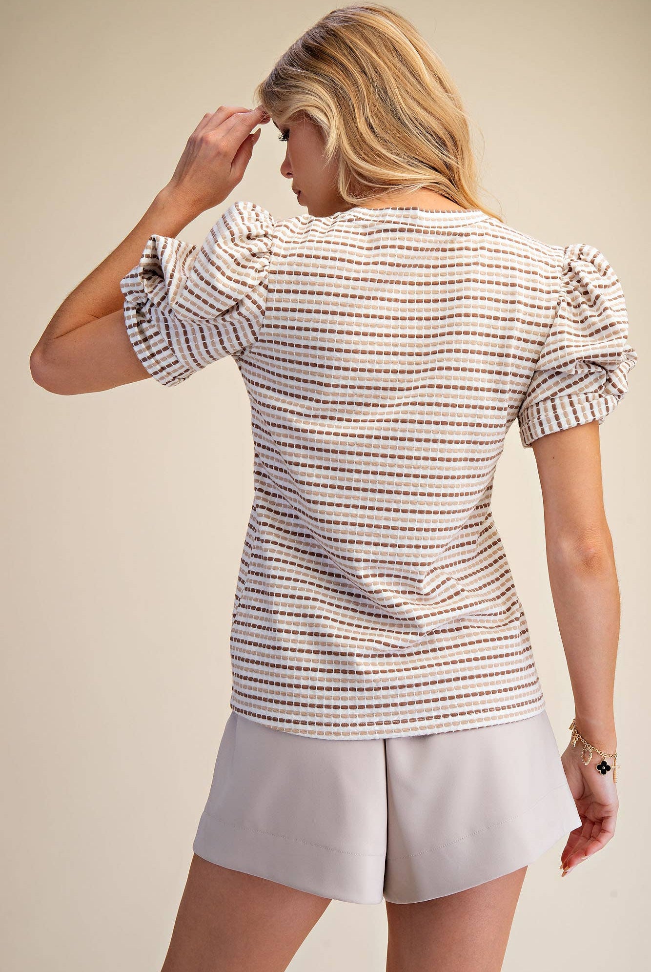 Round Neck Puff Sleeve Stripe Top - Deadwood South Boutique & Company LLC