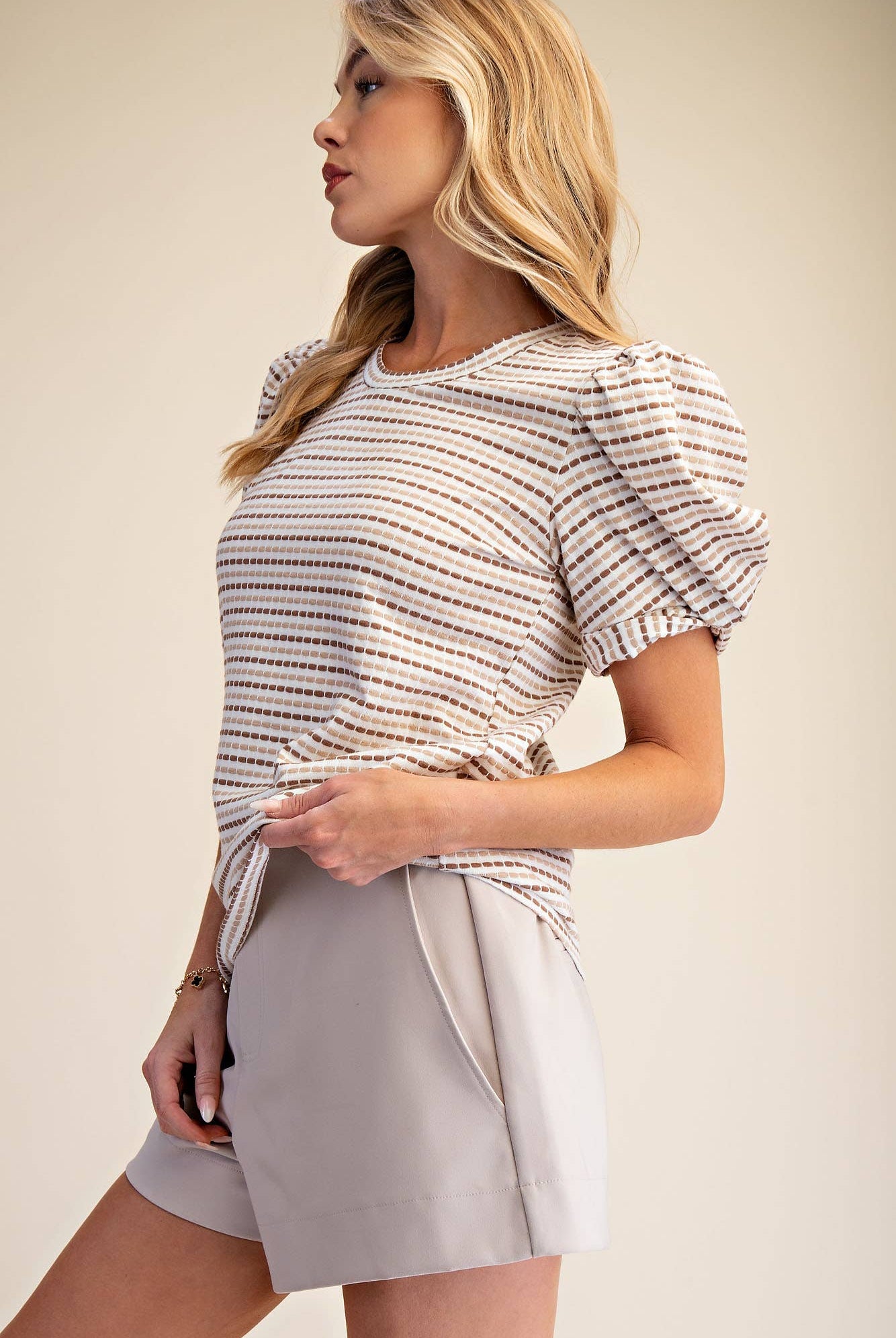Round Neck Puff Sleeve Stripe Top - Deadwood South Boutique & Company LLC