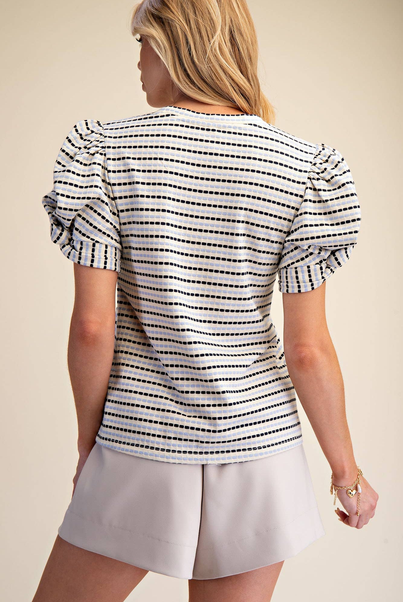 Round Neck Puff Sleeve Stripe Top - Deadwood South Boutique & Company LLC