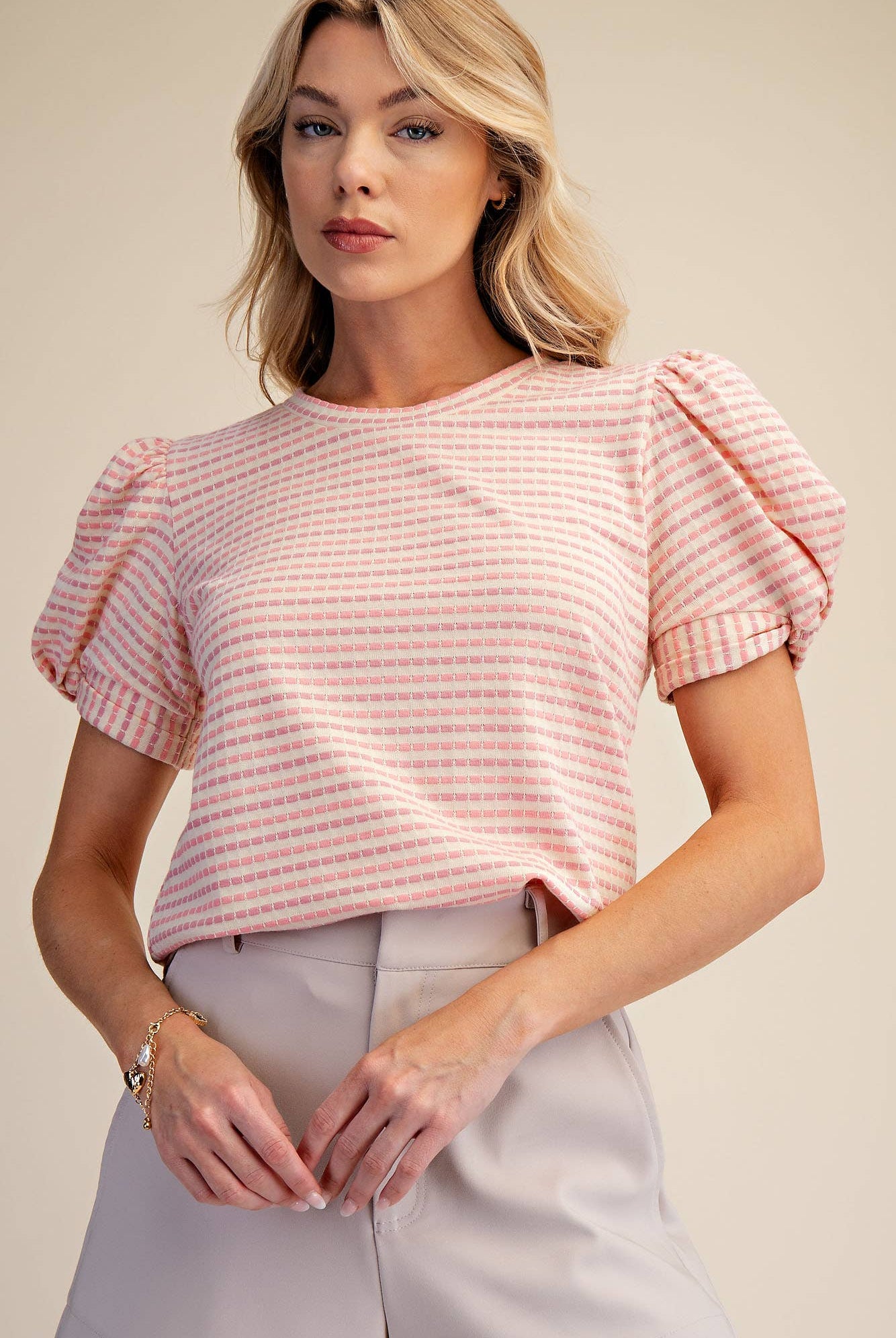 Round Neck Puff Sleeve Stripe Top - Deadwood South Boutique & Company LLC